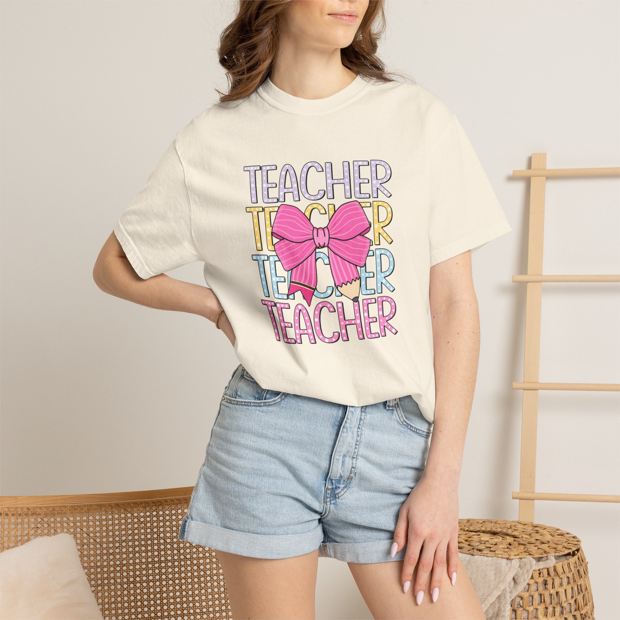 Teacher Stack with Pink Bow T-shirt | Teacher Typography Shirt