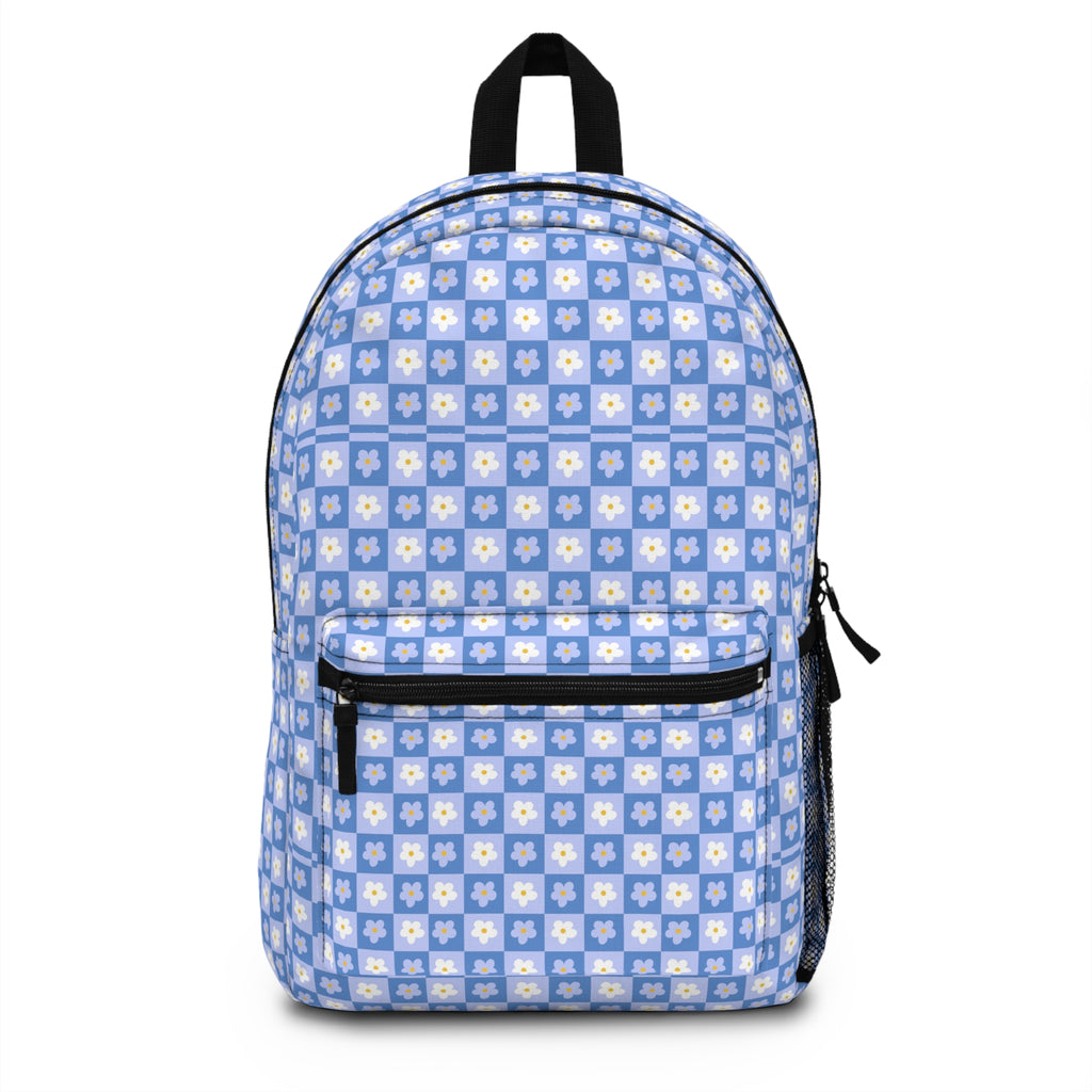 Floral Checkerboard Backpack — Blue Daisy Pattern School & Casual Bag