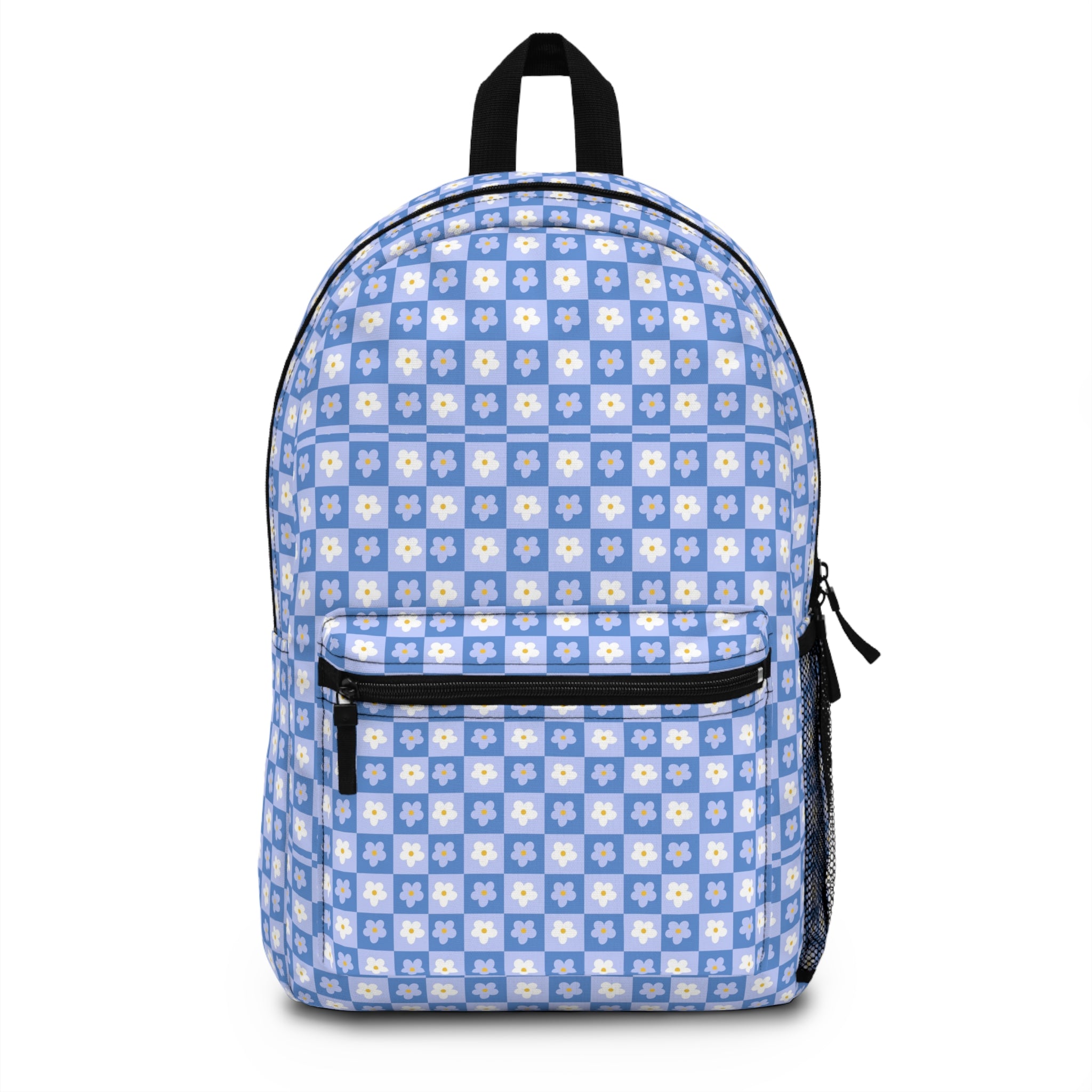 Floral Checkerboard Backpack — Blue Daisy Pattern School & Casual Bag