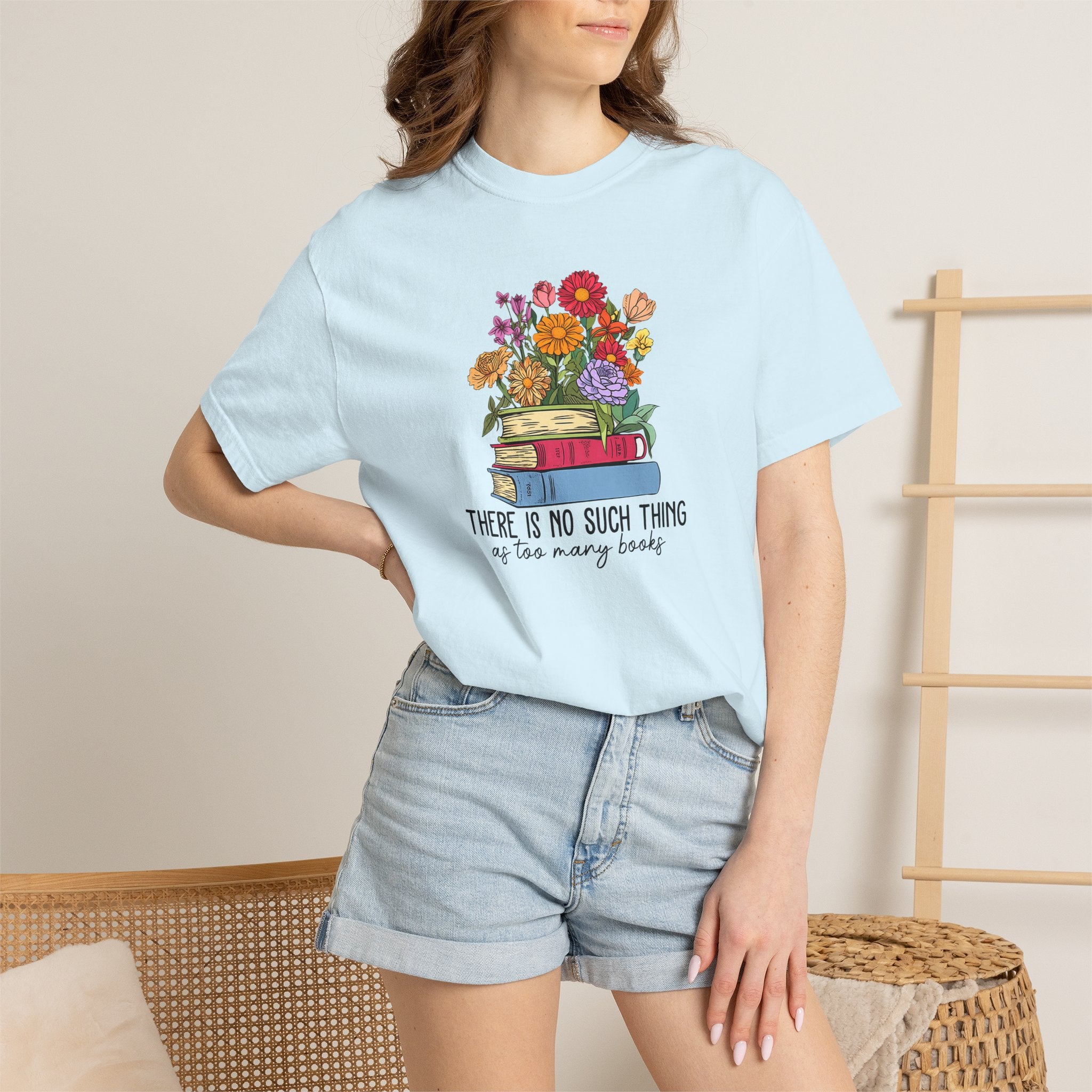 Book Lover T-Shirt — "There Is No Such Thing As Too Many Books" Floral Stack