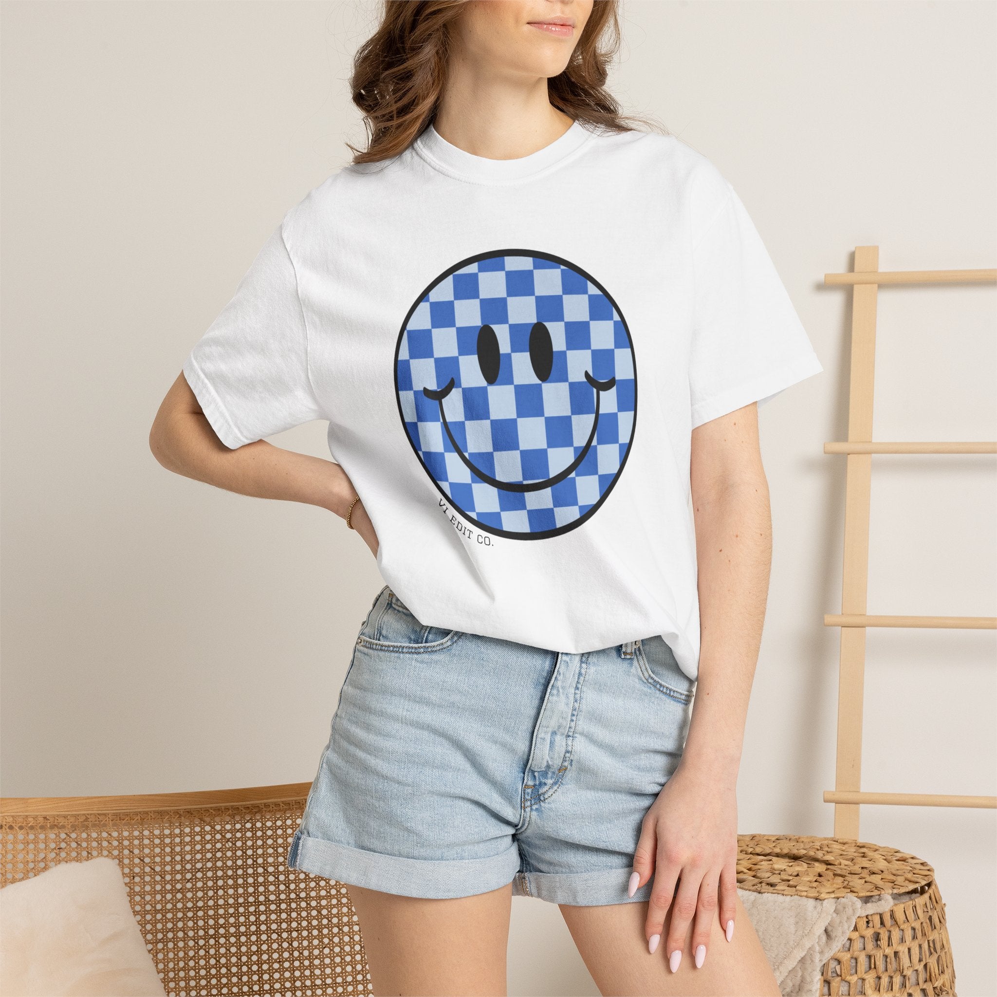 Blue Checkerboard Smiley T-shirt | Mama Who Loves Her Boy Tee