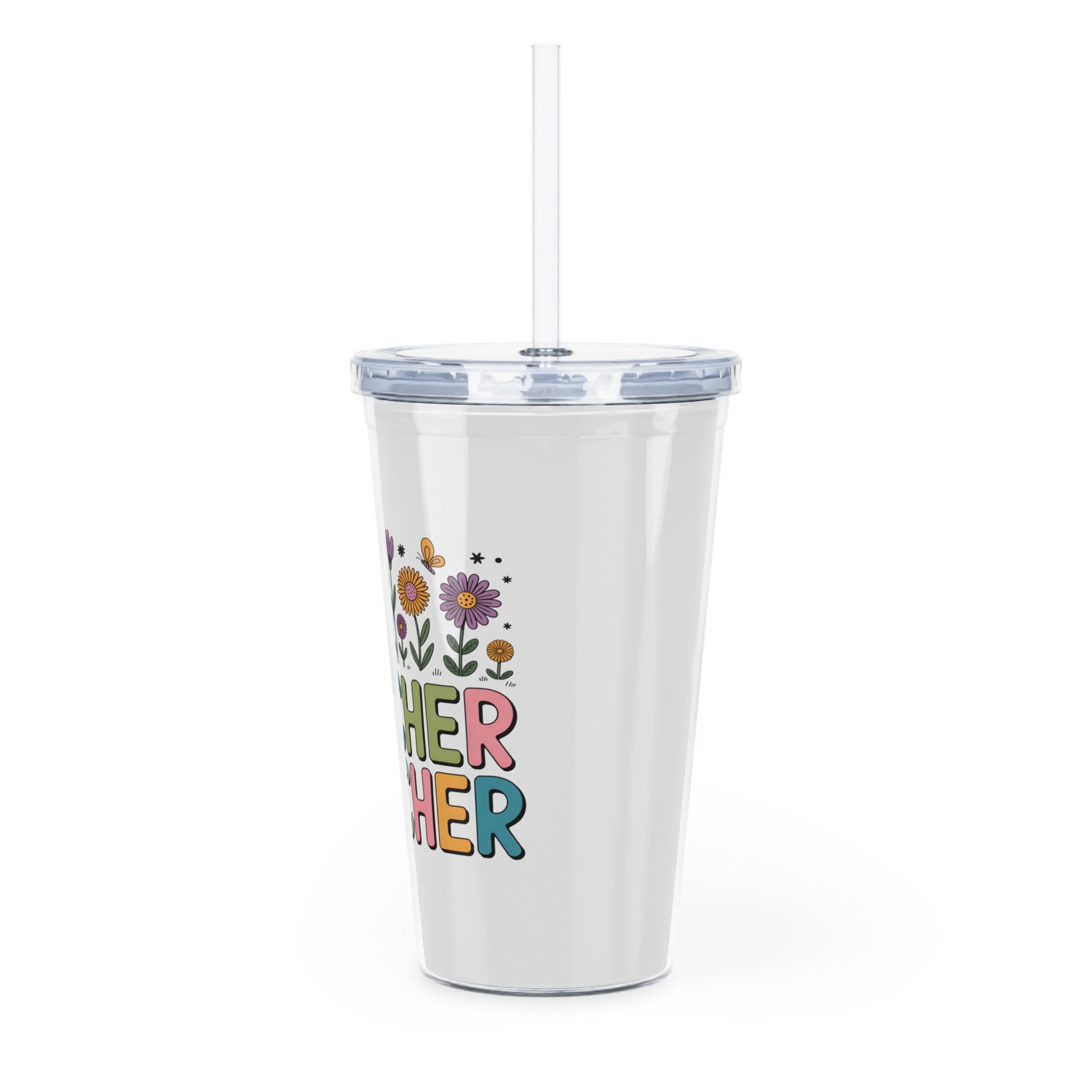 Teacher Tumbler with Floral Design – Double-Wall Straw Cup