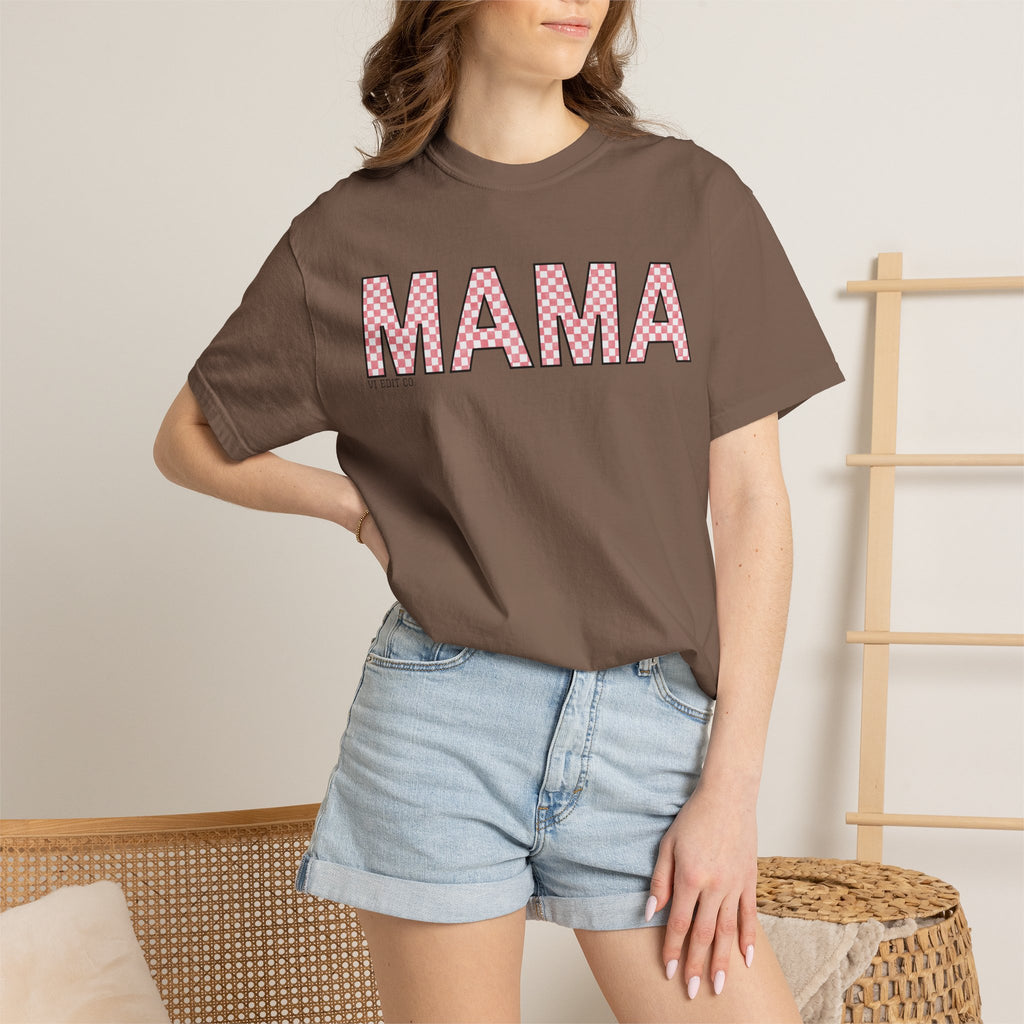 Mama Checkered Letters T-Shirt | Pink Plaid Typography Tee