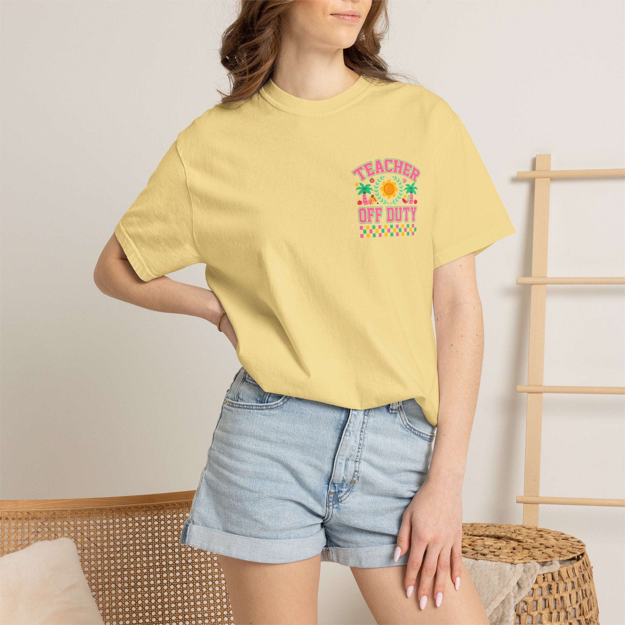 Teacher Off Duty T-Shirt | Beach Sun Palm Trees Retro Checkerboard
