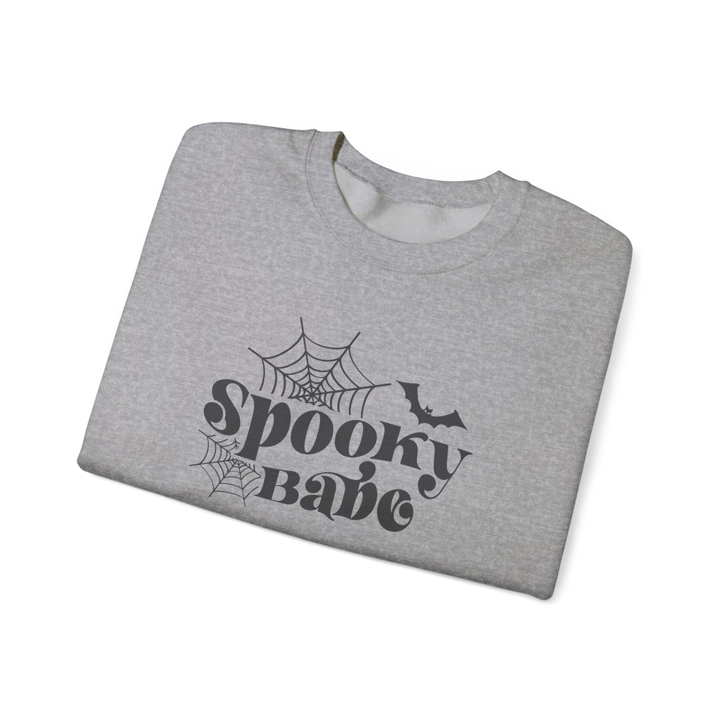Spooky Babe Sweatshirt — Halloween Spiderweb & Bat Graphic Crewneck