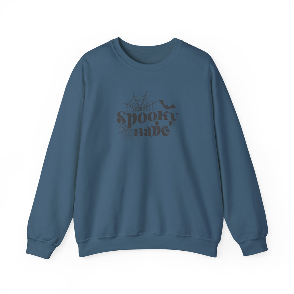 Spooky Babe Crewneck Sweatshirt — Halloween Spiderweb & Bat Graphic