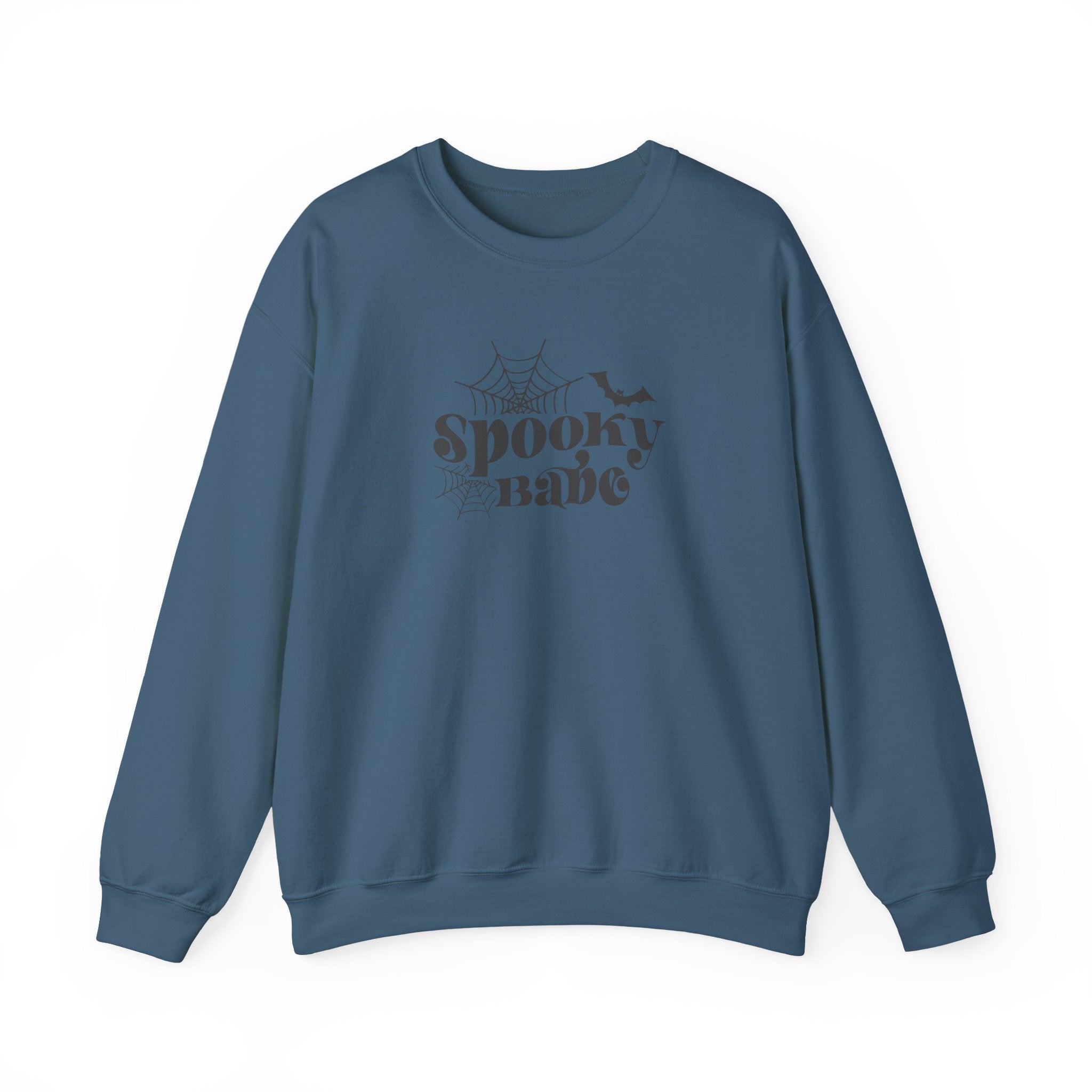 Spooky Babe Crewneck Sweatshirt — Halloween Spiderweb & Bat Graphic
