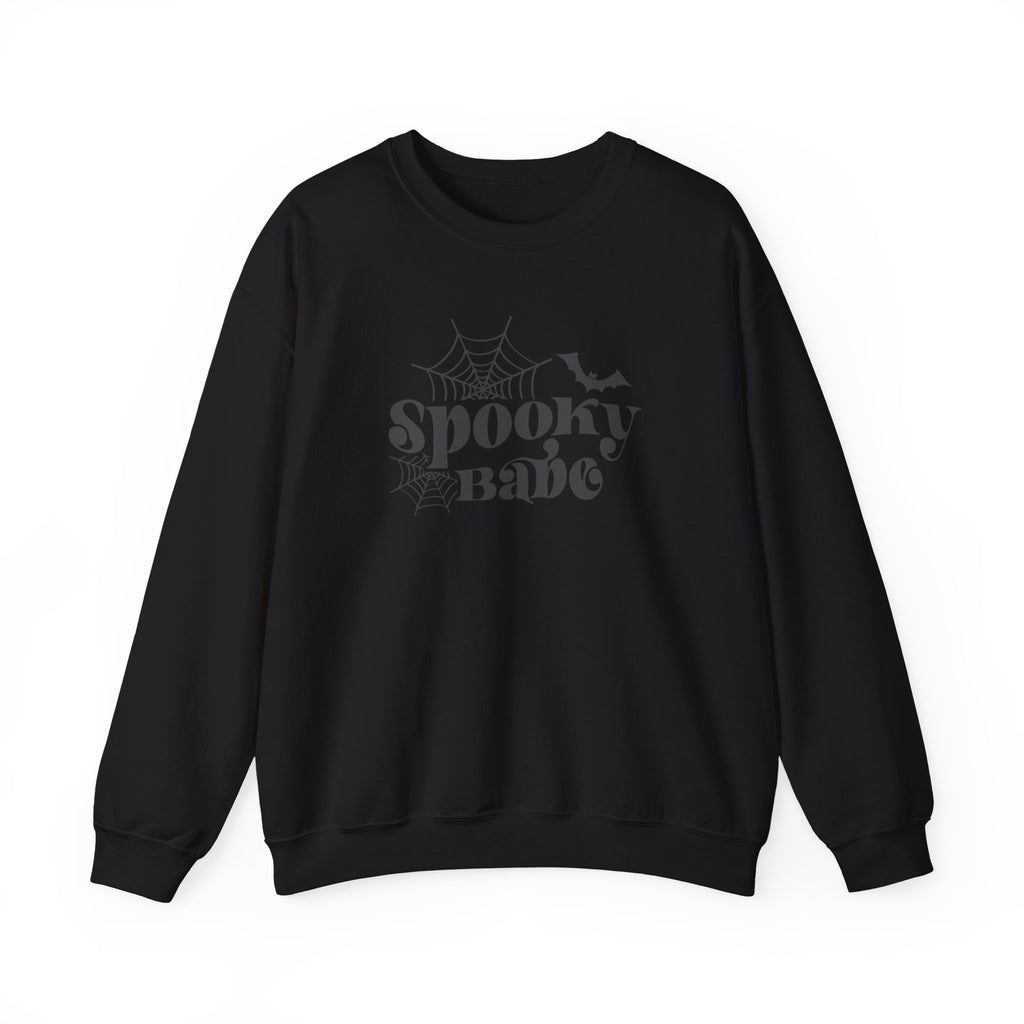 Spooky Babe Sweatshirt — Halloween Spiderweb & Bat Graphic Crewneck