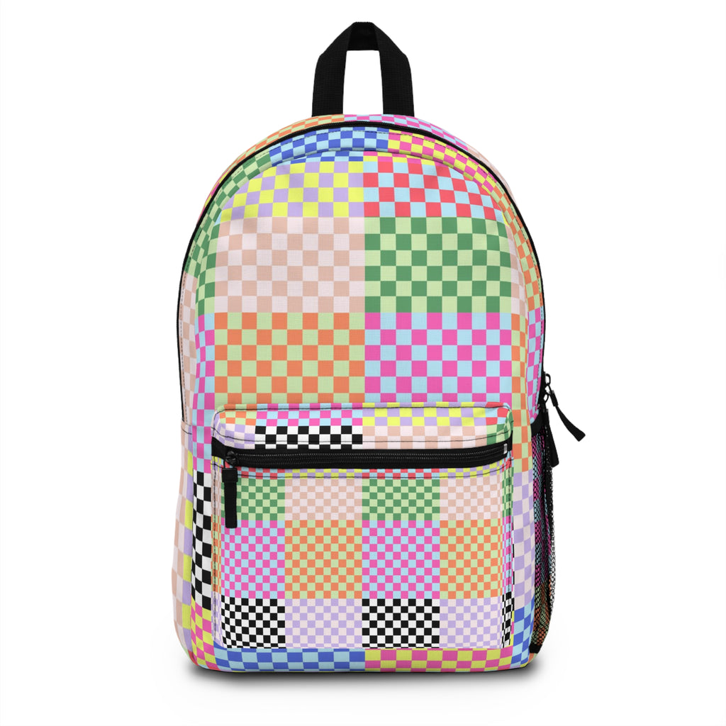 Checkerboard Patchwork Backpack — Pastel Rainbow Skate-Style School Bag