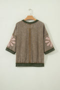 Breen Mineral Wash Raw Seam Patchwork Flower Patched 3/4 Sleeve Oversize Top