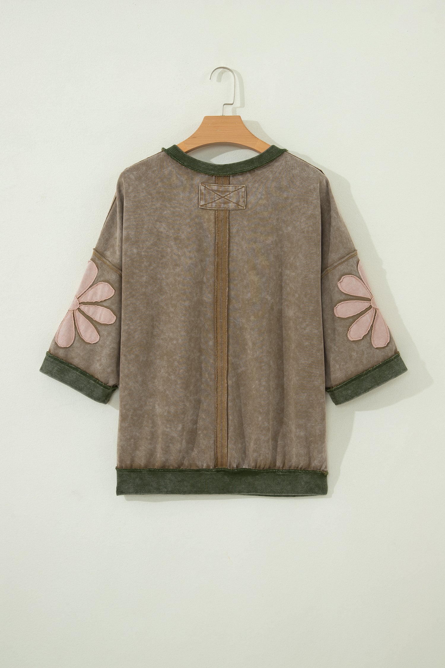 Breen Mineral Wash Raw Seam Patchwork Flower Patched 3/4 Sleeve Oversize Top