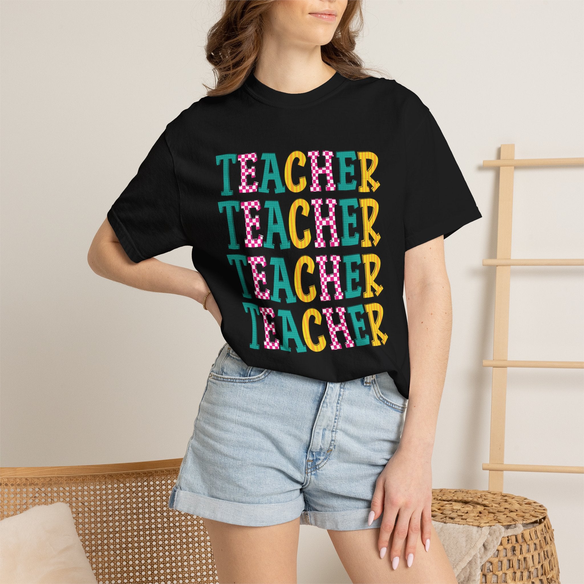 Teacher Repeat Pattern T-Shirt — Colorful Back-to-School Gift