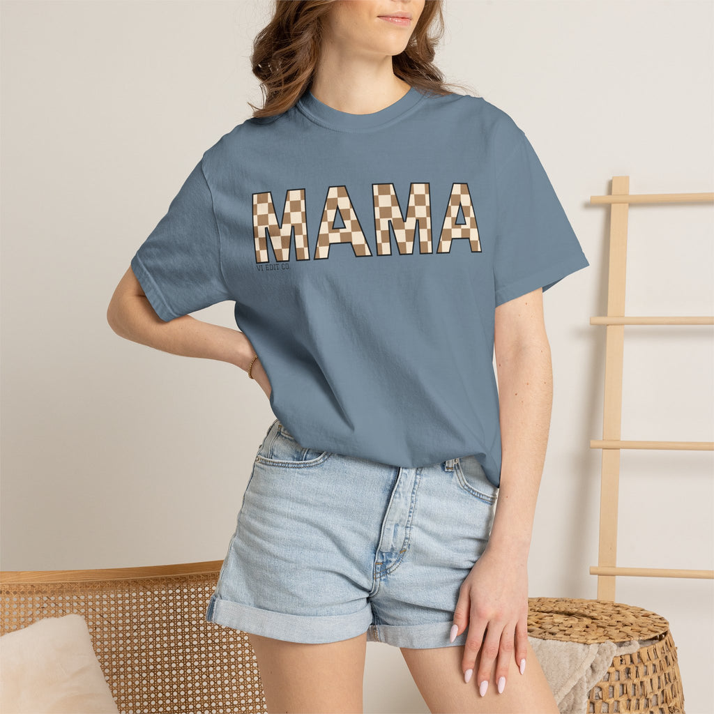 Mama Checkerboard T-Shirt | Mom Typography Tee, Neutral Plaid Letters