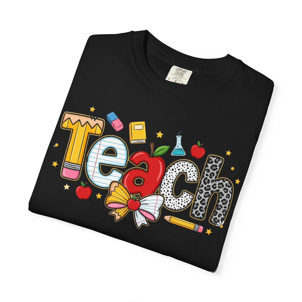 Teach Graphic T-Shirt — Cute School Teacher Gift (Apple, Pencil & Bow Design)