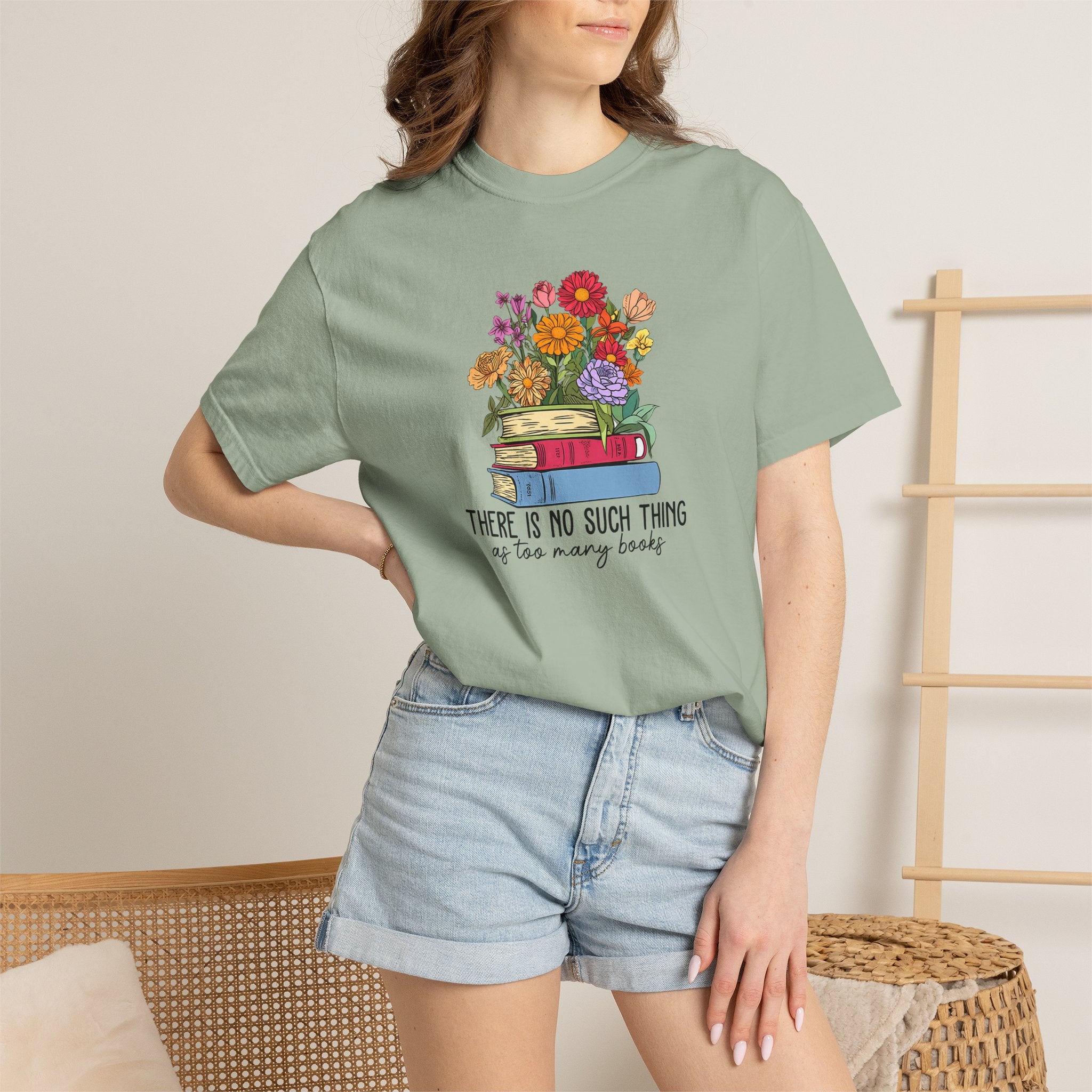 Book Lover T-Shirt — "There Is No Such Thing As Too Many Books" Floral Stack