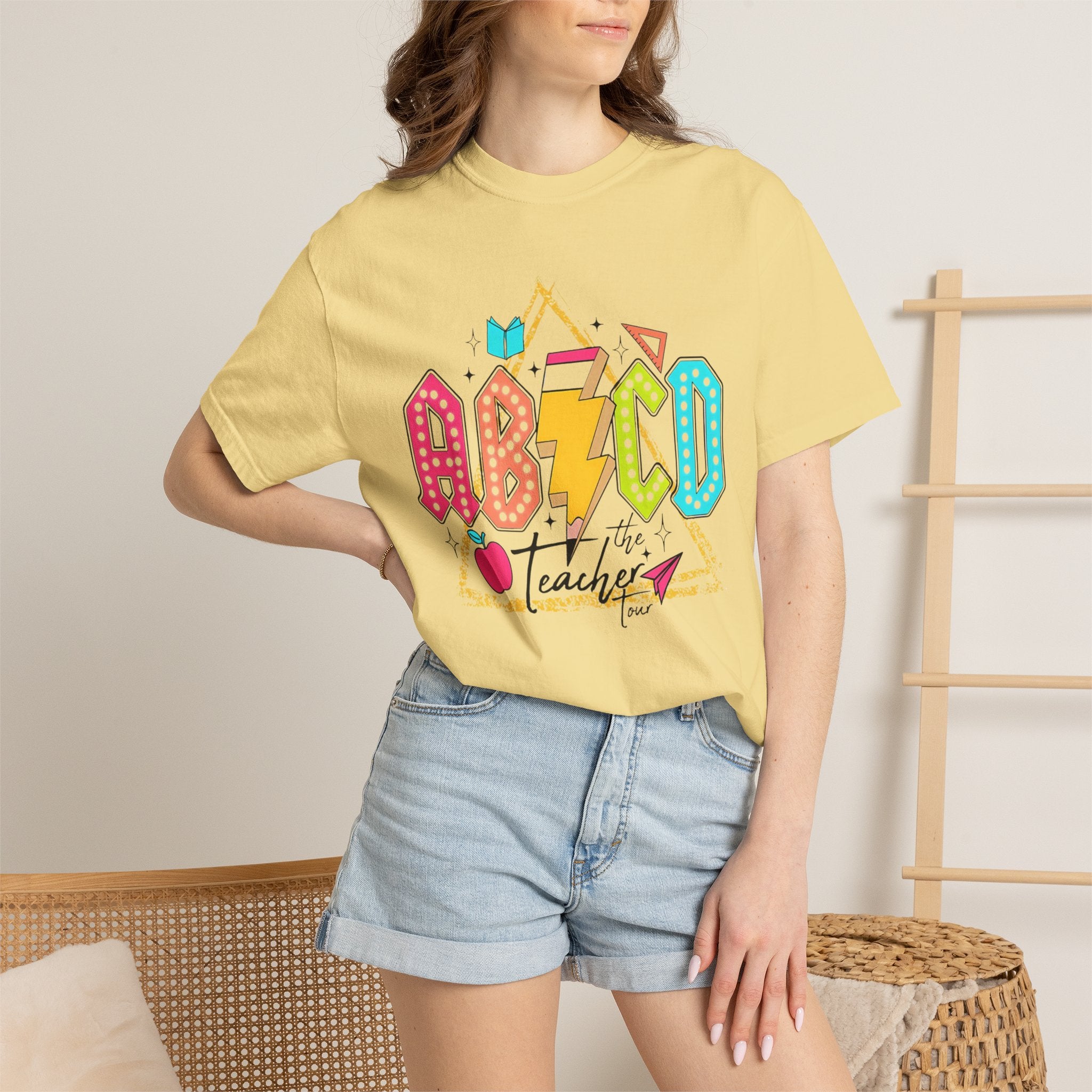 ABCD Teacher Lightning Graphic T-Shirt | Retro School Apple Pencil Design