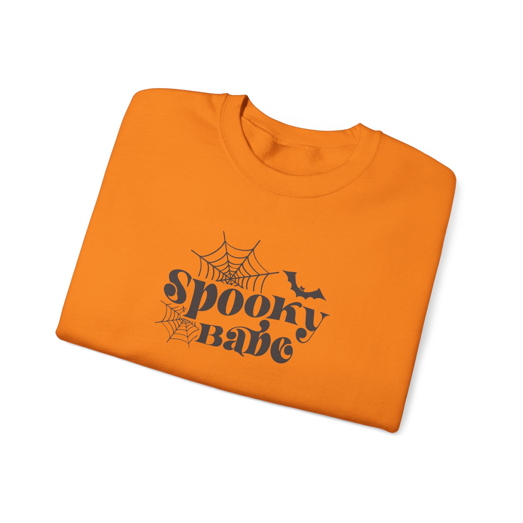 Spooky Babe Crewneck Sweatshirt — Halloween Spiderweb & Bat Graphic