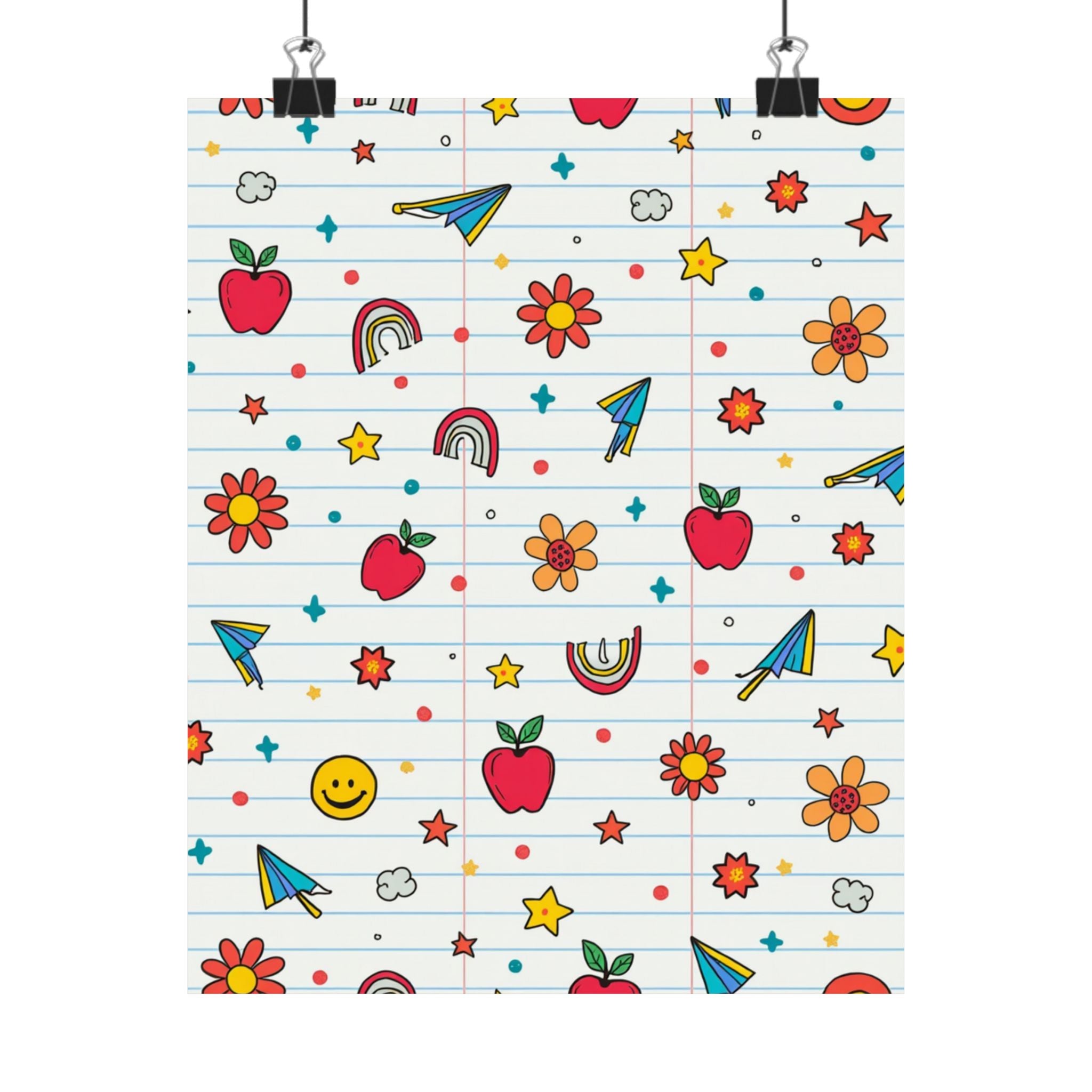 Notebook Doodle Matte Poster — Cute School Icons (apples, rainbows, paper planes)
