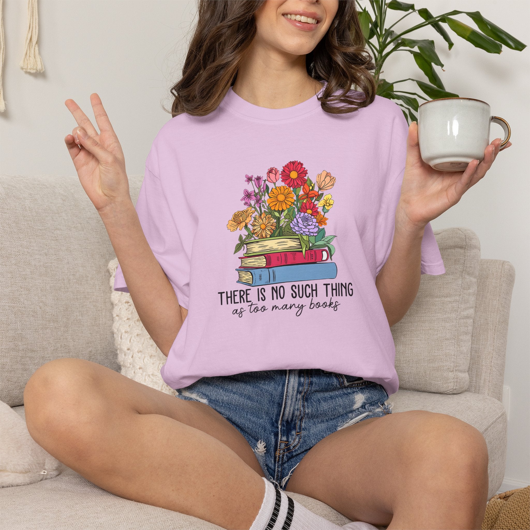 Book Lover T-Shirt — "There Is No Such Thing As Too Many Books" Floral Stack