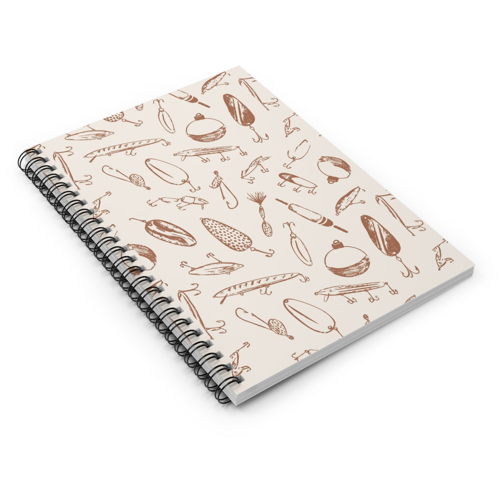 Fishing Lures Spiral Notebook — Hand-Drawn Tackle Pattern, Ruled Journal for Anglers