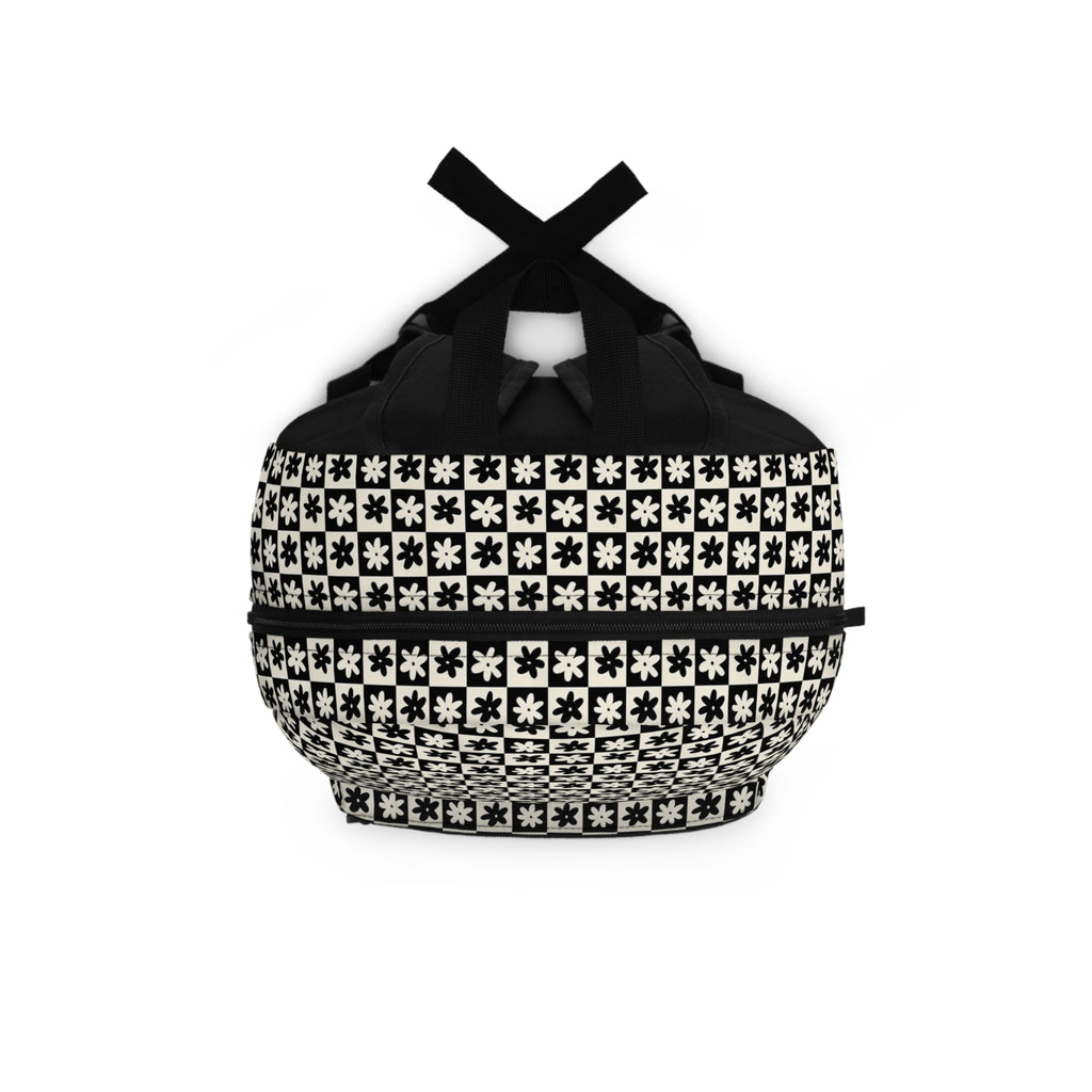 Classic Geometric Black & White Backpack — Floral Tile Pattern