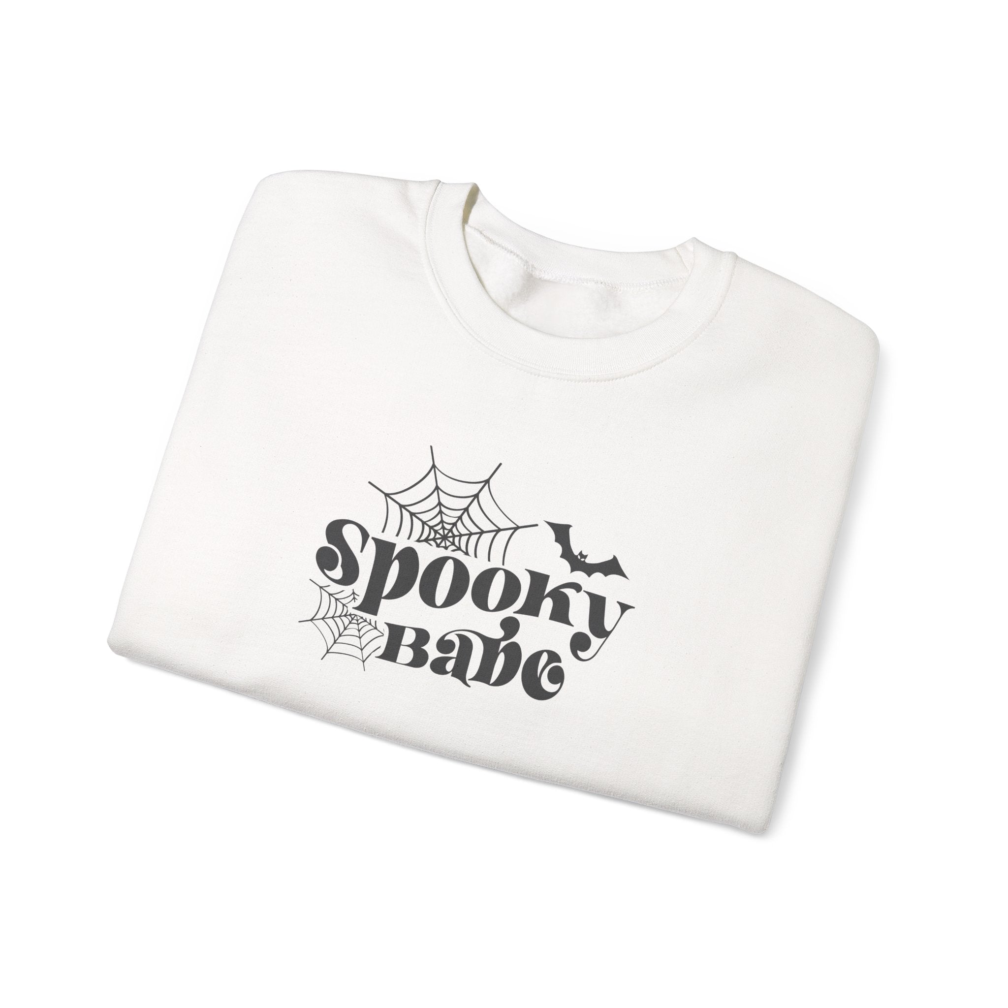 Spooky Babe Crewneck Sweatshirt — Halloween Spiderweb & Bat Graphic