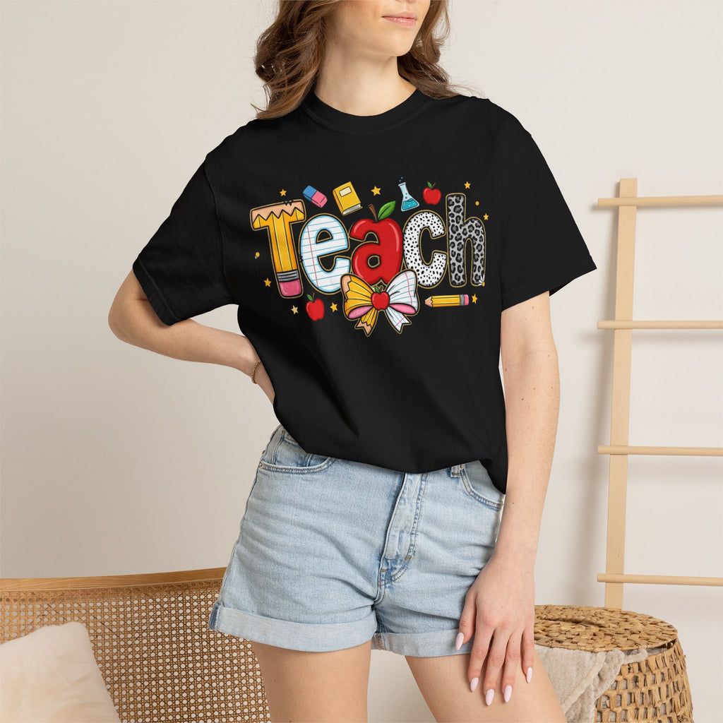 Teach Graphic T-Shirt — Cute School Teacher Gift (Apple, Pencil & Bow Design)
