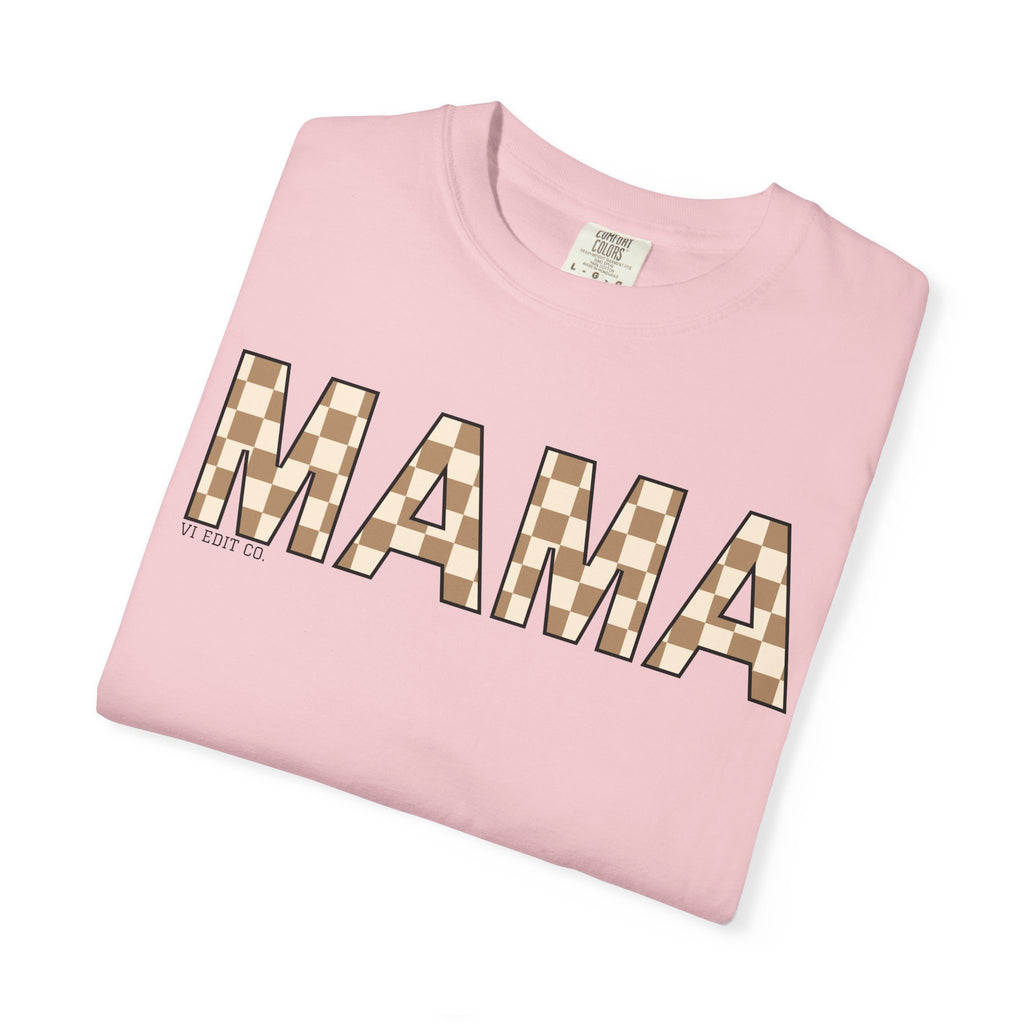 Mama Checkerboard T-Shirt | Mom Typography Tee, Neutral Plaid Letters