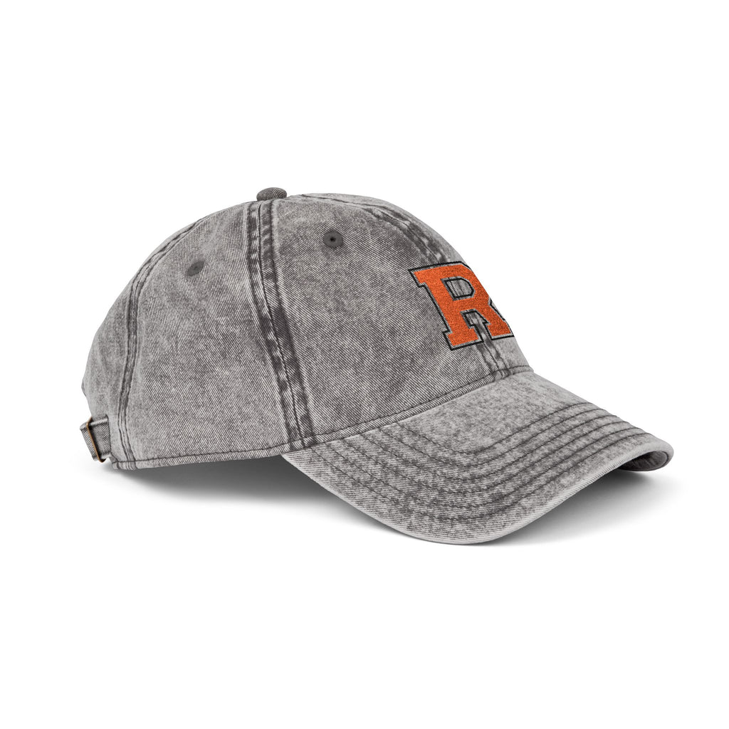 Vintage Embroidered Baseball Cap — Distressed Gray with Orange Letter R