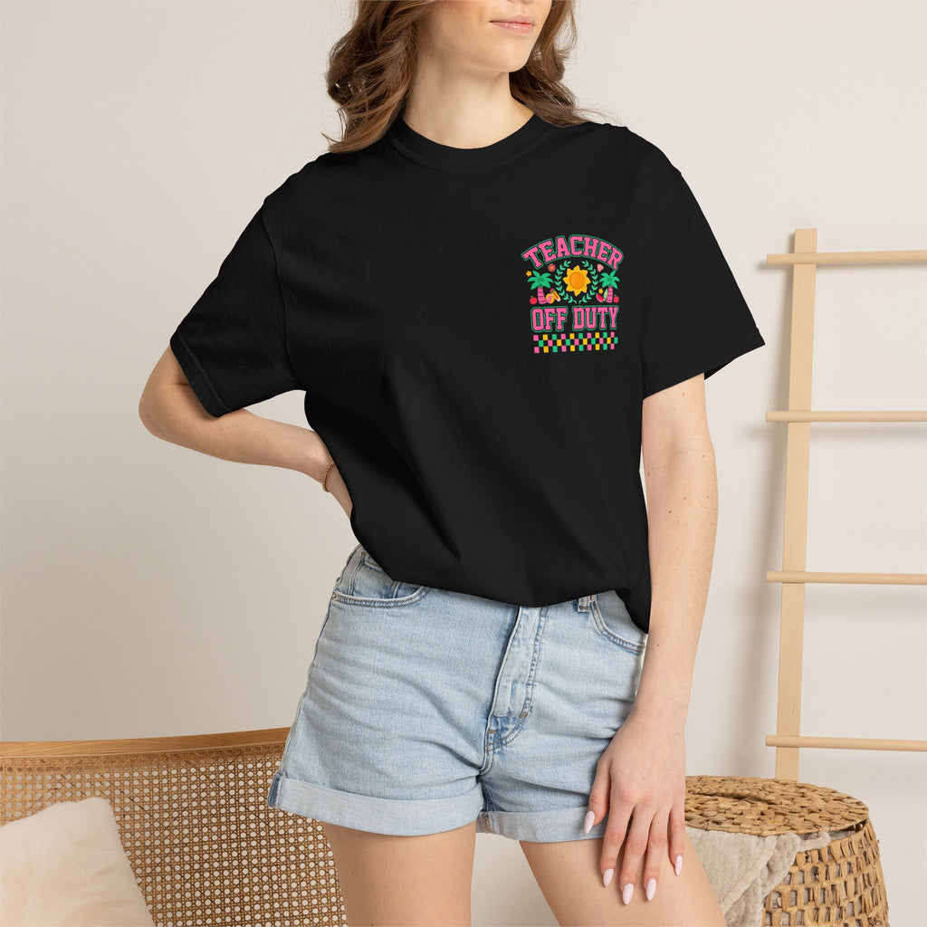 Teacher Off Duty T-Shirt | Beach Sun Palm Trees Retro Checkerboard