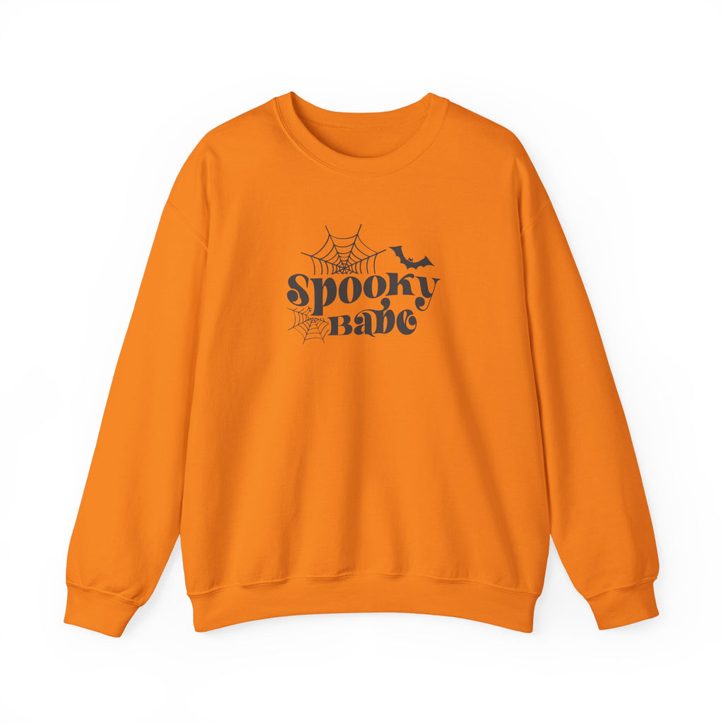 Spooky Babe Crewneck Sweatshirt — Halloween Spiderweb & Bat Graphic