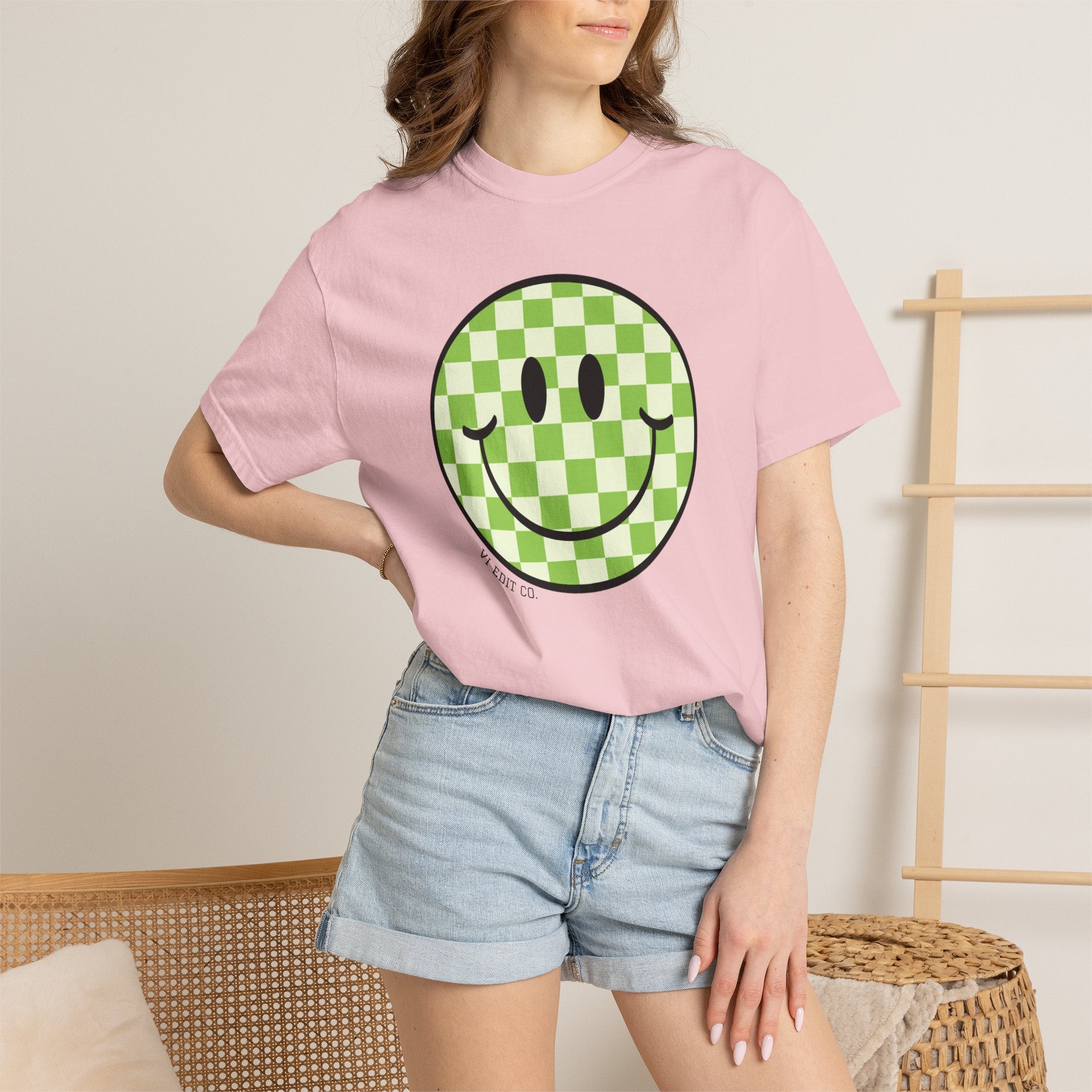 Green Checker Smiley Face T-shirt | Text Back "Just A Mama Who Loves Her Babes"