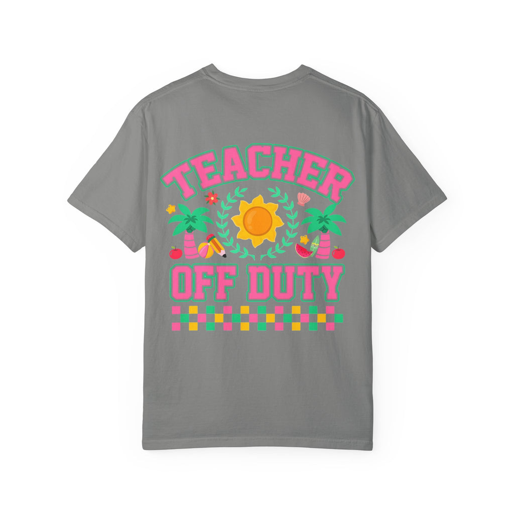 Teacher Off Duty T-Shirt | Beach Sun Palm Trees Retro Checkerboard