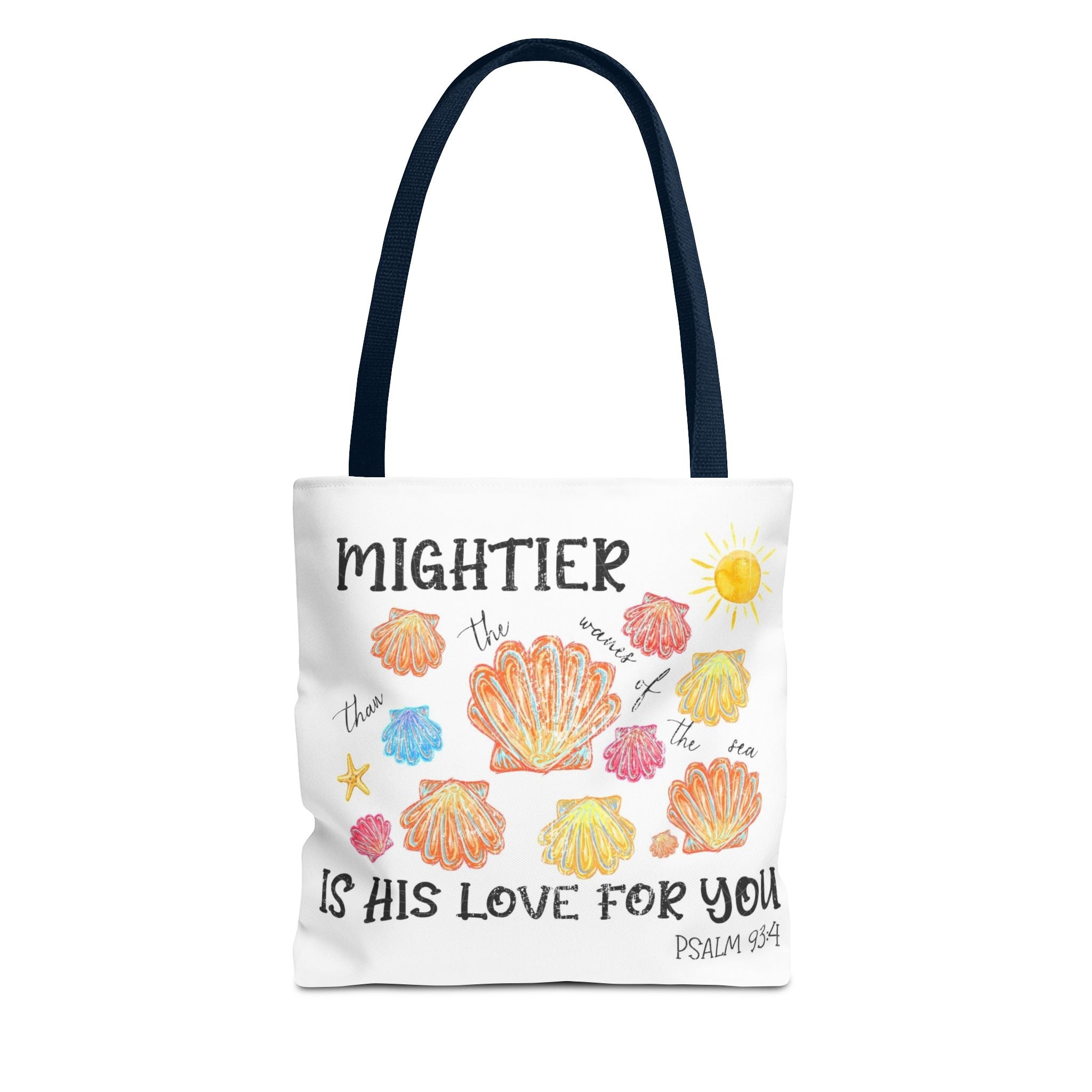 Christian Scripture Tote Bag - "Mightier Is His Love For You" Psalm 93:4 Watercolor Shells