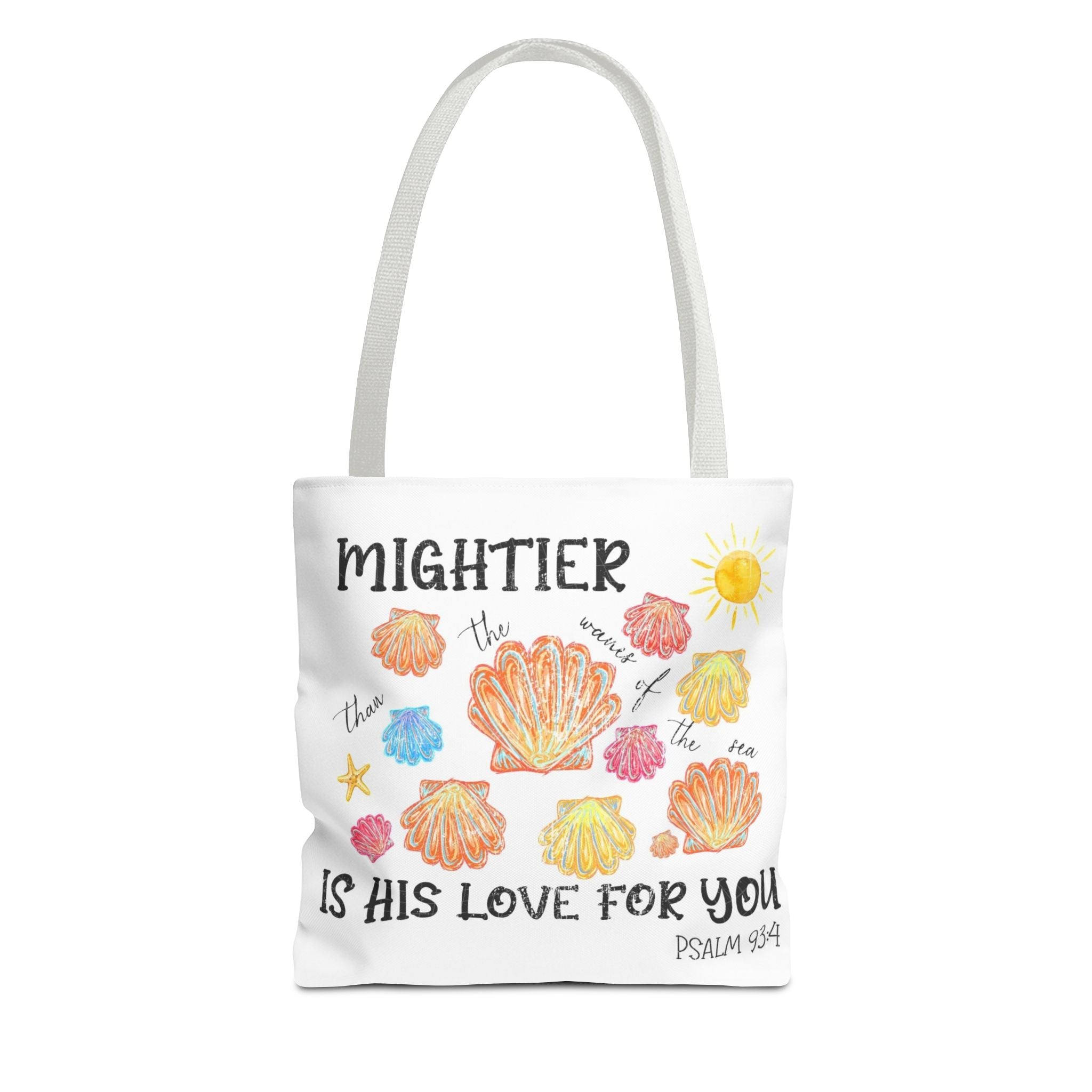 Christian Scripture Tote Bag - "Mightier Is His Love For You" Psalm 93:4 Watercolor Shells