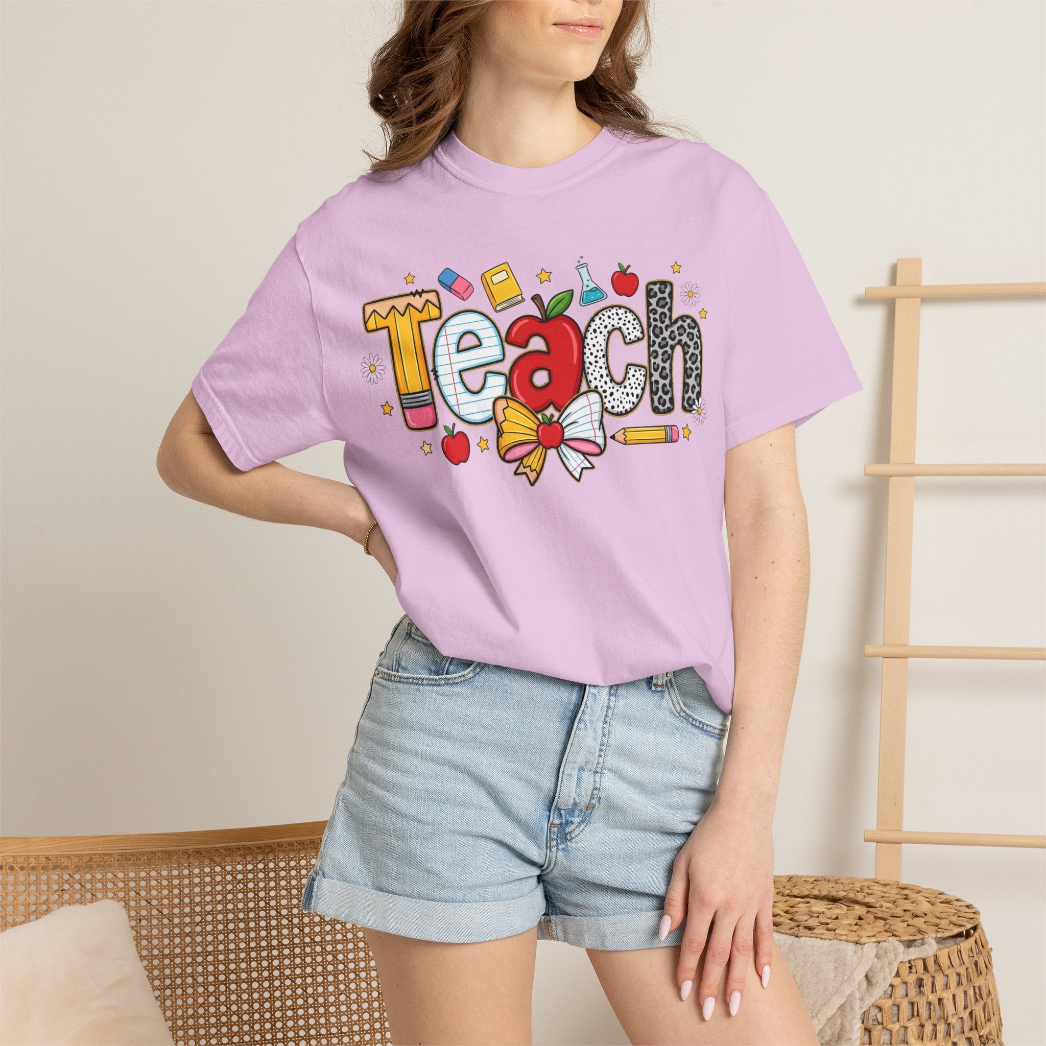 Teach Graphic T-Shirt — Cute School Teacher Gift (Apple, Pencil & Bow Design)