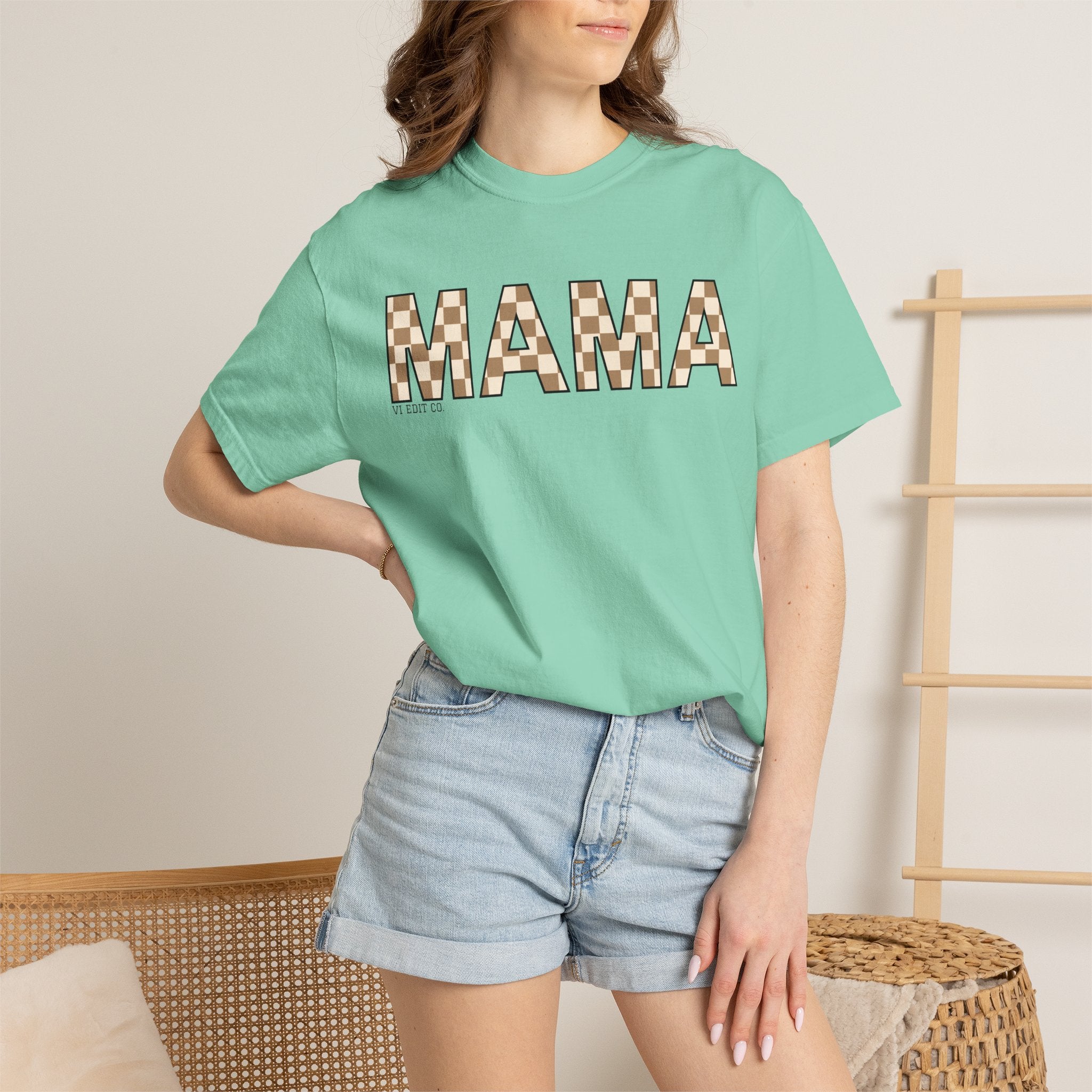 Mama Checkerboard T-Shirt | Mom Typography Tee, Neutral Plaid Letters