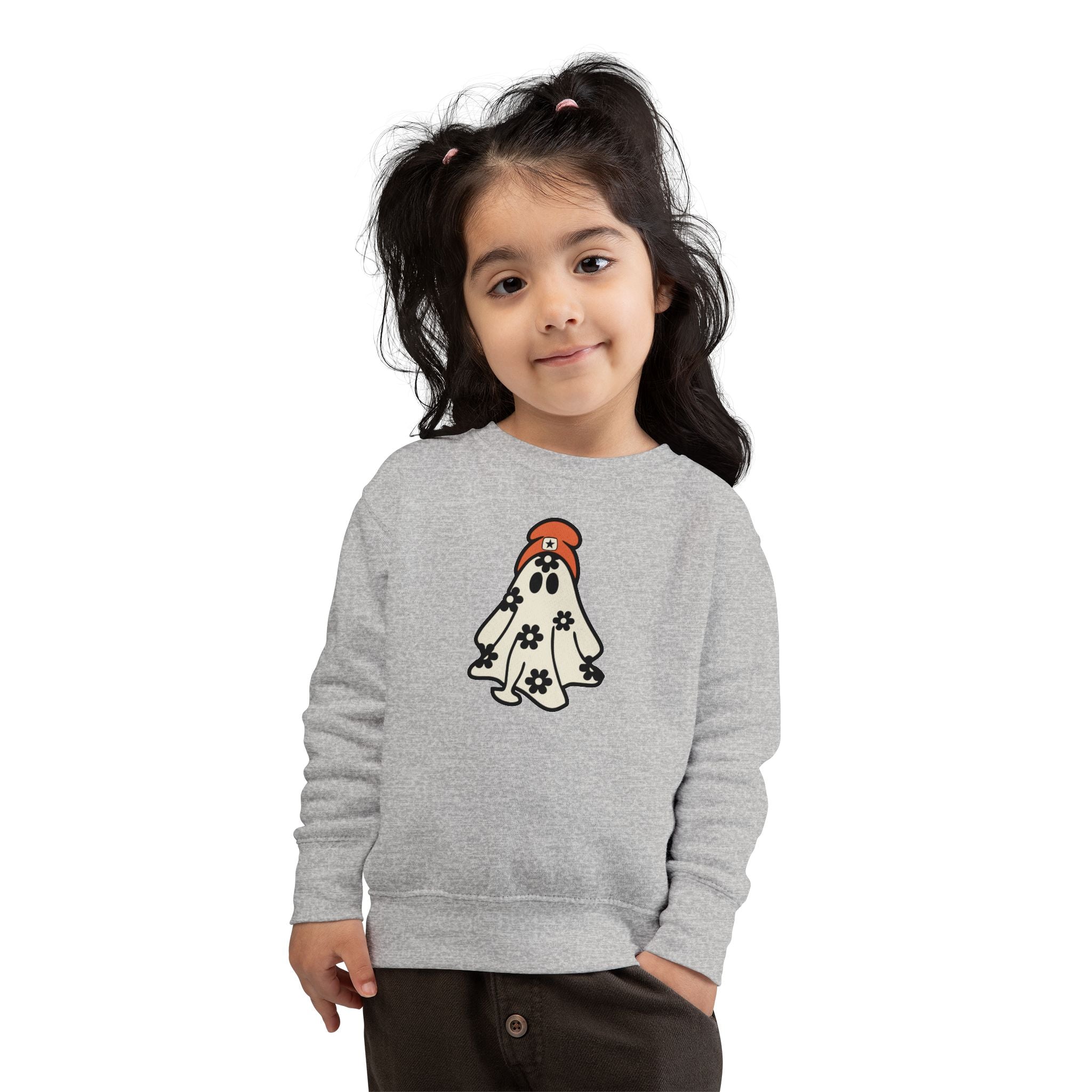 Toddler Sweatshirt — Cute Flower Ghost with Orange Beanie Kids Pullover