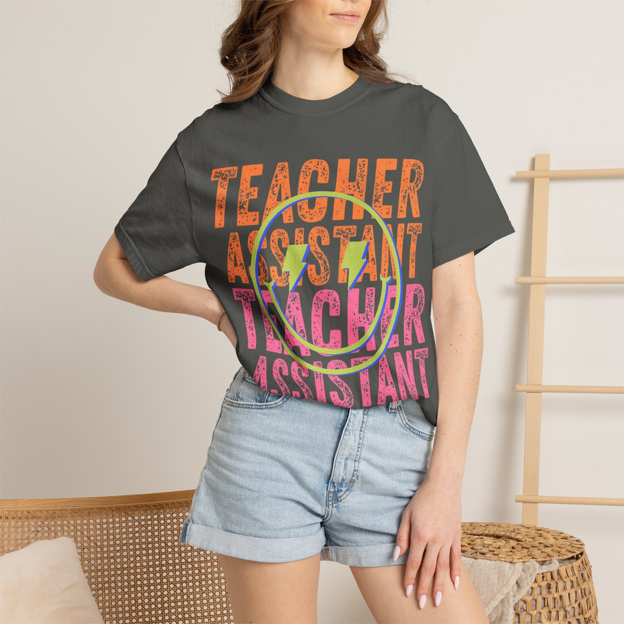 Teacher Assistant Smiley Face T-Shirt | School Staff Tee, Colorful Text
