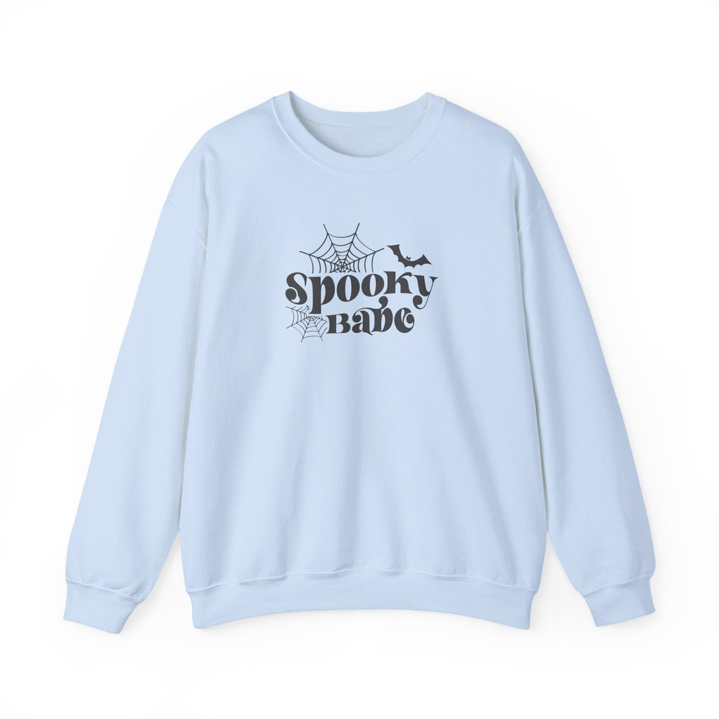 Spooky Babe Crewneck Sweatshirt — Halloween Spiderweb & Bat Graphic