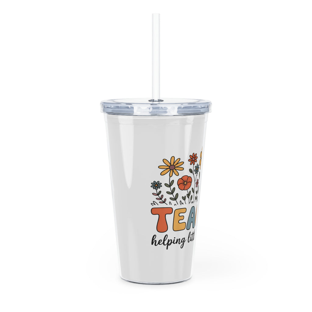 Teacher Floral Plastic Tumbler with Straw — "Teacher: Helping Little Minds Grow"