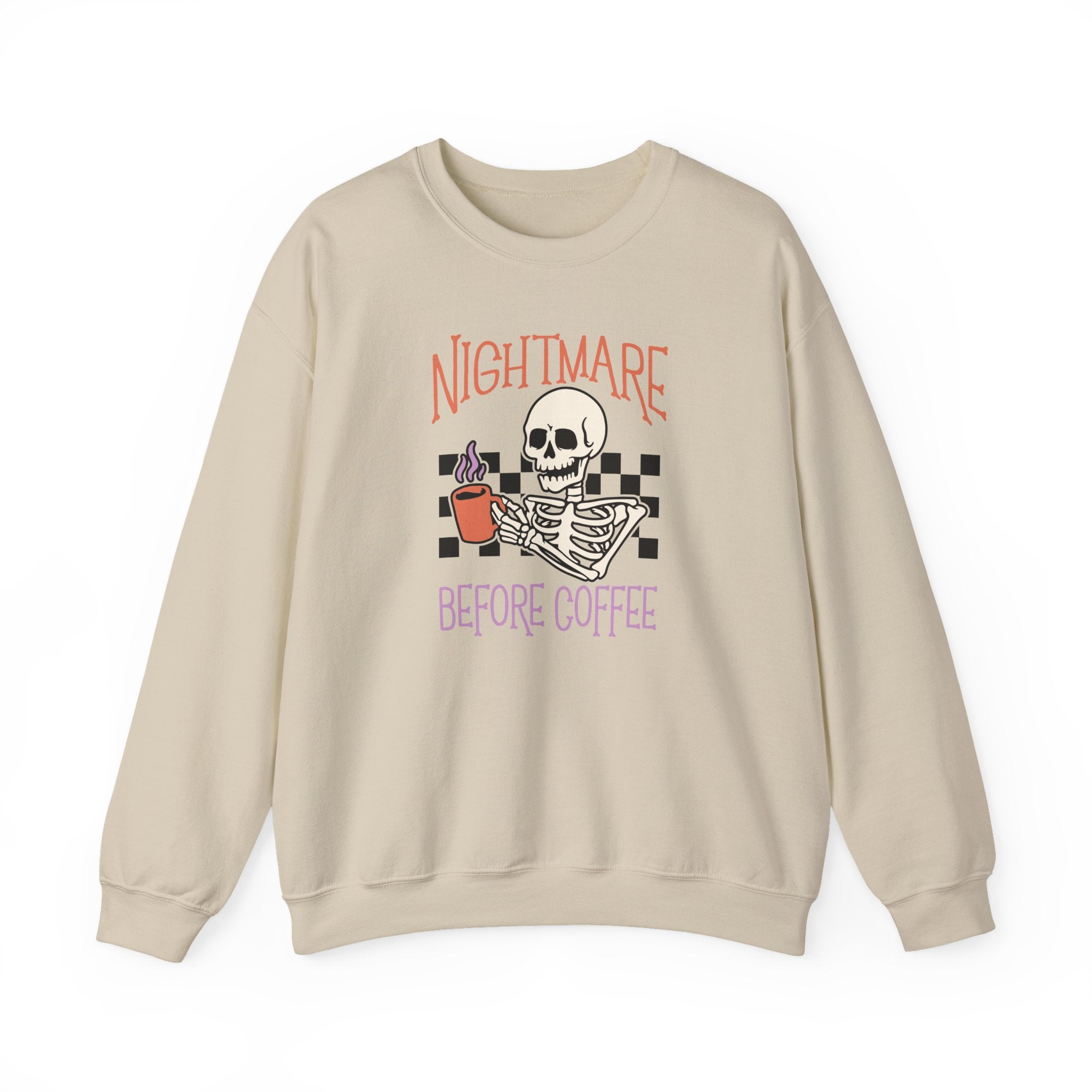 Crewneck Sweatshirt — "Nightmare Before Coffee" Skeleton Coffee Graphic