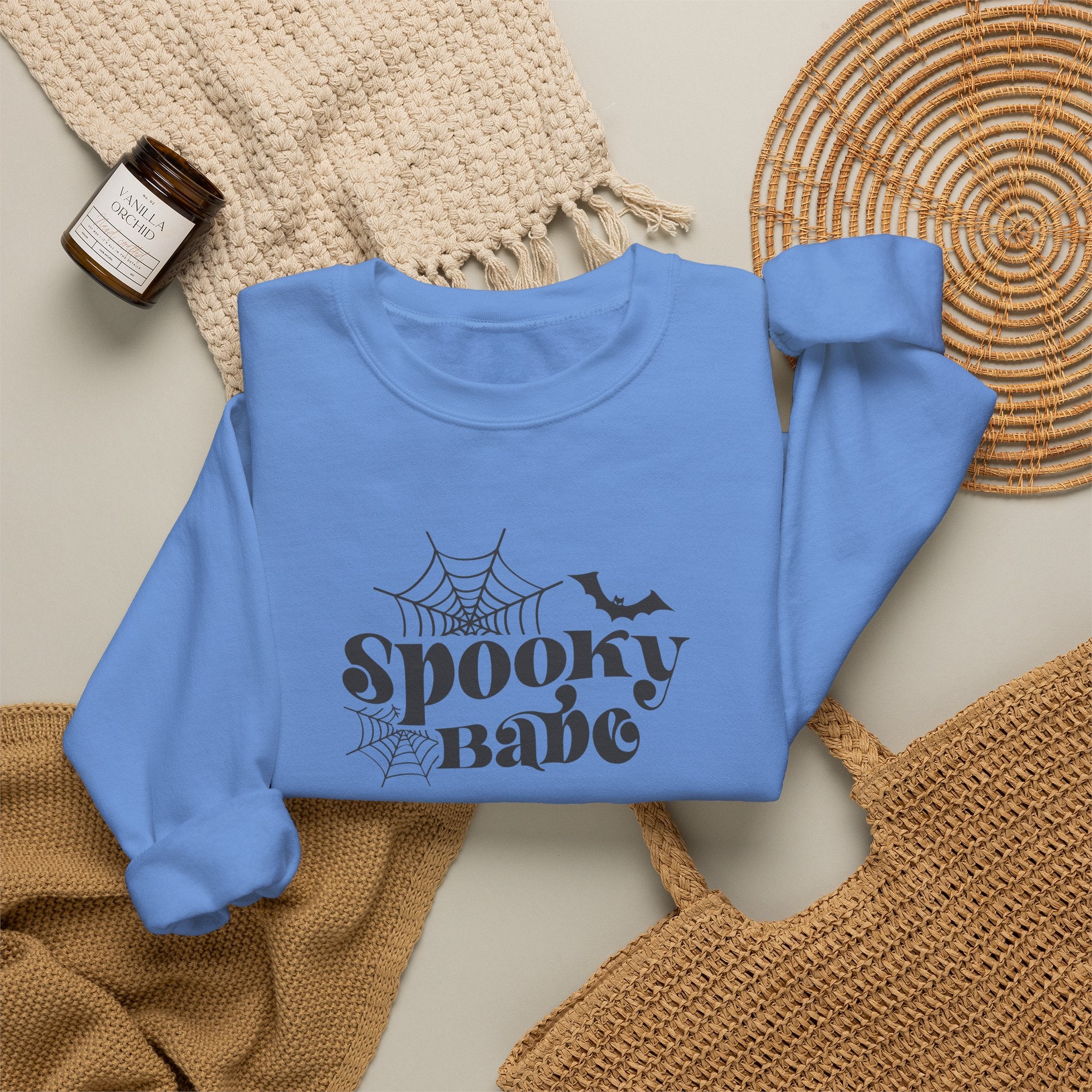 Spooky Babe Crewneck Sweatshirt — Halloween Spiderweb & Bat Graphic