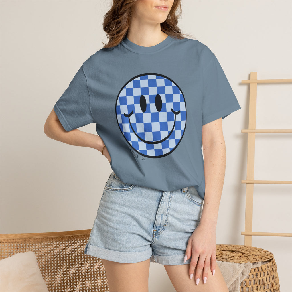 Blue Checkerboard Smiley T-shirt | Mama Who Loves Her Boy Tee