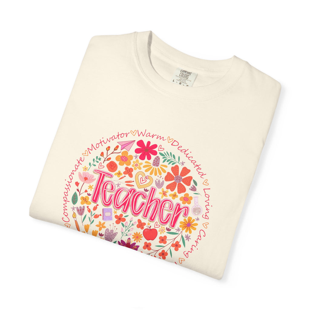 Teacher Floral Circle T-Shirt | Handlettered Teacher Typography, Bright Flower Design