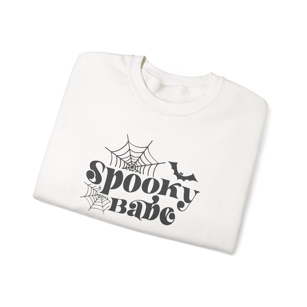 Spooky Babe Sweatshirt — Halloween Spiderweb & Bat Graphic Crewneck