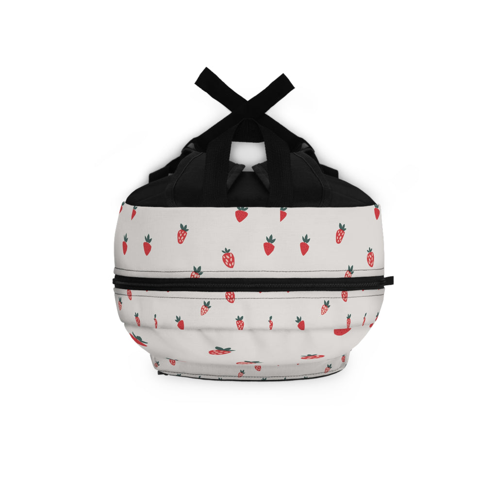 Strawberry Pattern Backpack — Cute White Fruit Print School Bag