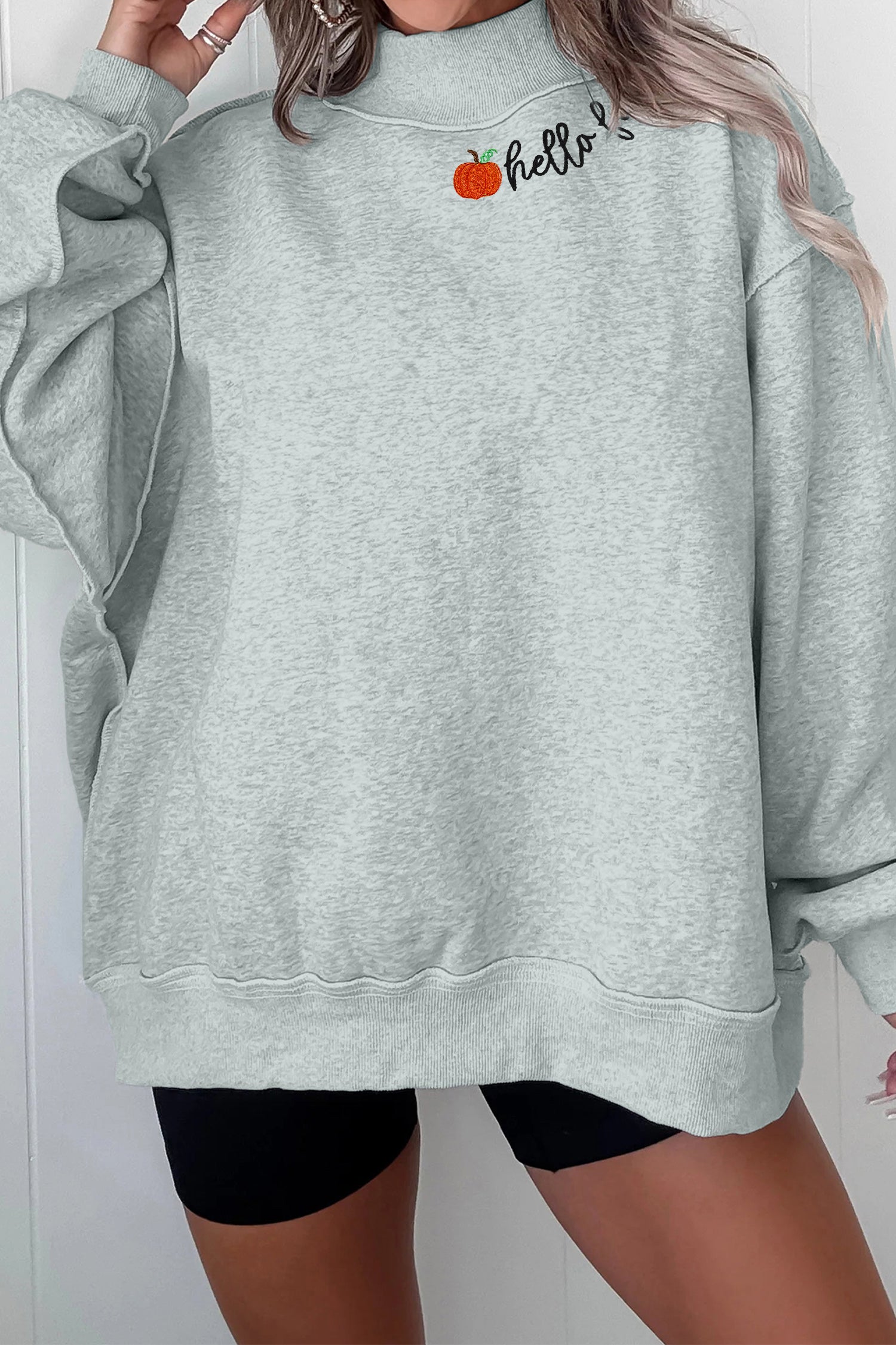 Gray hello fall Embroidered Pumpkin Detail Mock Neck Sweatshirt