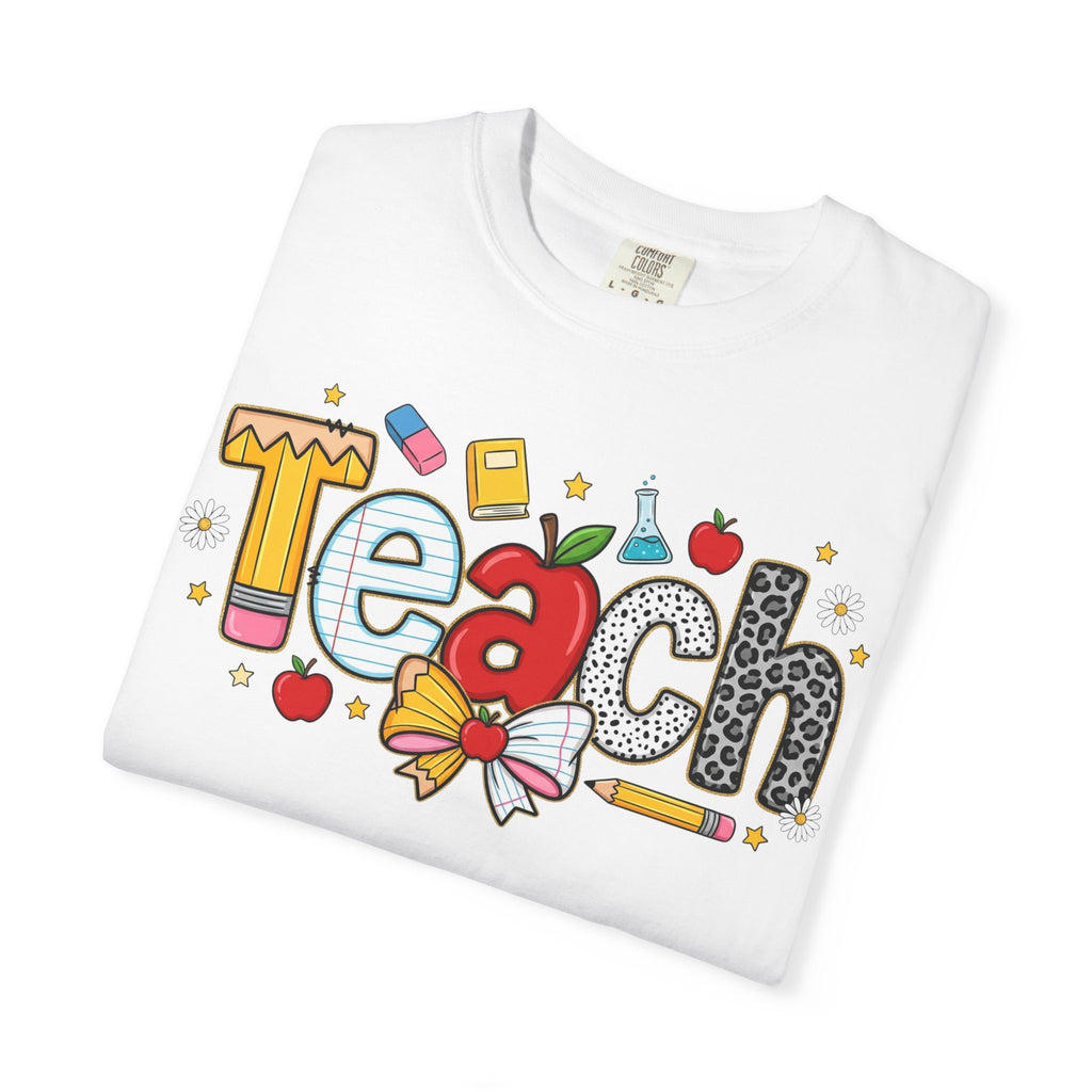 Teach Graphic T-Shirt — Cute School Teacher Gift (Apple, Pencil & Bow Design)