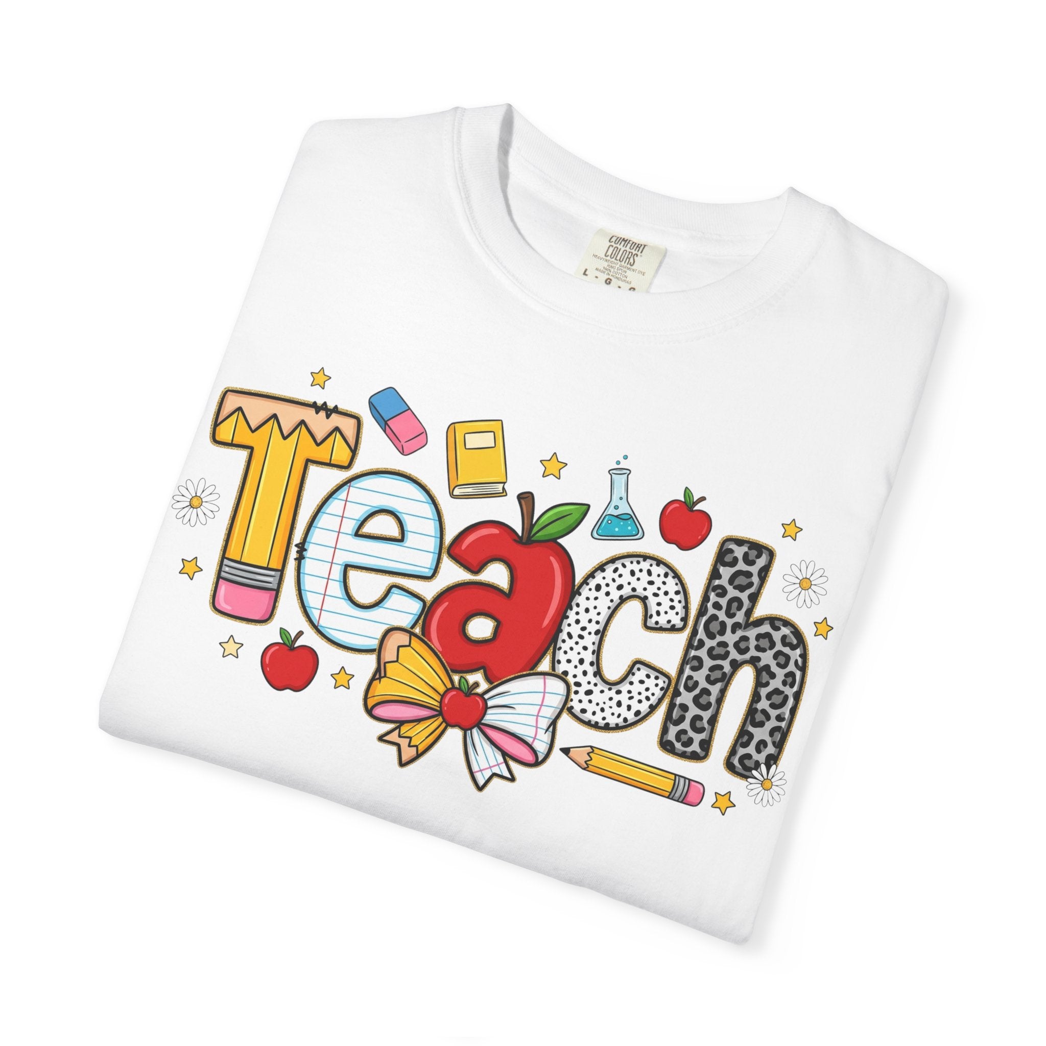 Teach Graphic T-Shirt — Cute School Teacher Gift (Apple, Pencil & Bow Design)